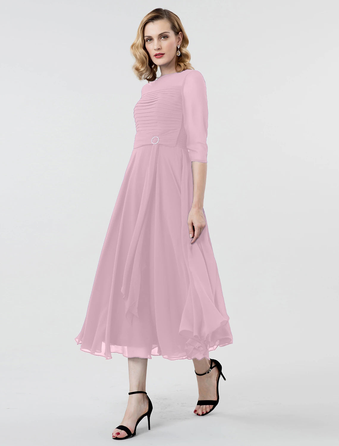 Wholesa A-Line Elegant Formal Evening Wedding Party Dress Boat Neck 3/4 Length Sleeve Tea Length Georgette with Ruched Crystal Brooch / Illusion Sleeve