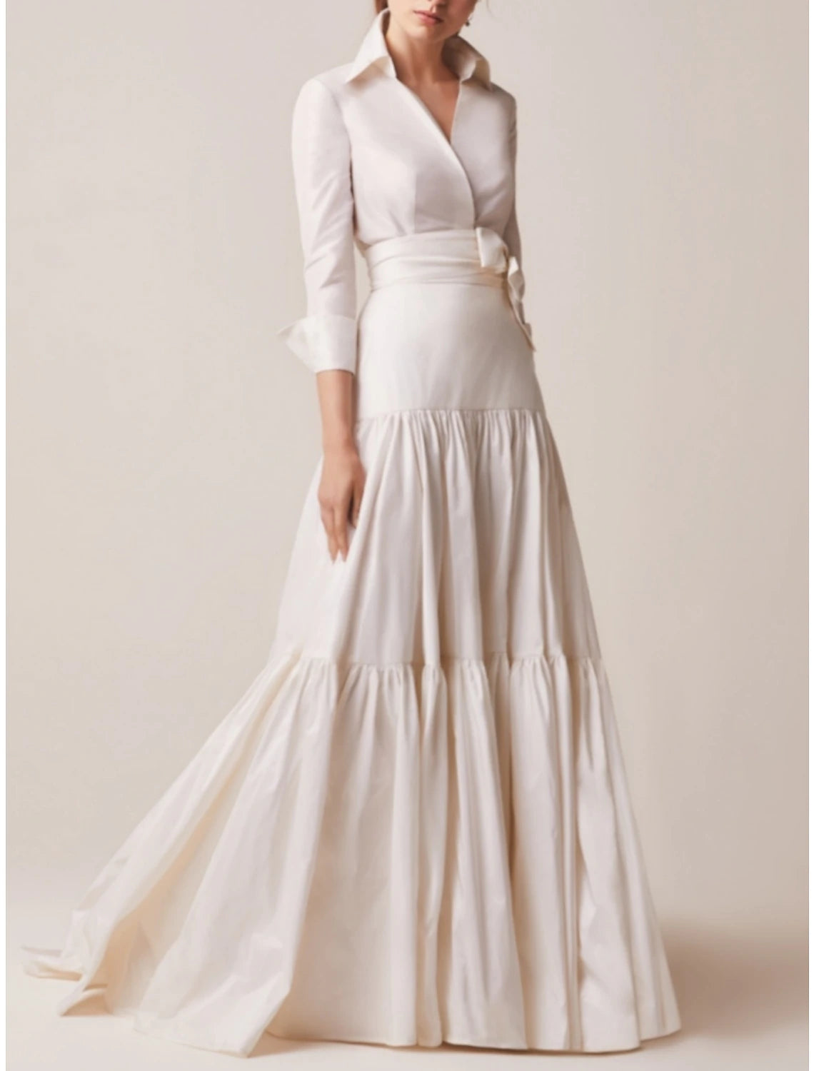 Wholesa A-Line Mother of the Bride Dress Wedding Guest Elegant Shirt Collar Sweep / Brush Train Taffeta Long Sleeve with Bow(s) Ruching