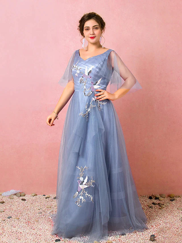 Wholesa A-Line Prom Dresses Chinese Style Dress Prom Floor Length Half Sleeve V Neck Satin with Ruched Embroidery