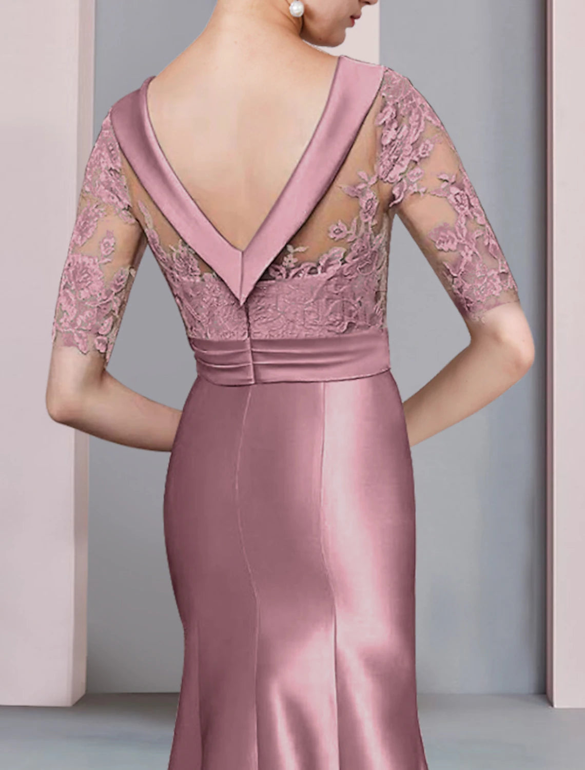 wholesale   Mermaid / Trumpet Mother of the Bride Dress Formal Fall Wedding Guest Dresses Elegant High Low Scoop Neck Sweep / Brush Train Asymmetrical Satin Lace Half Sleeve with Bow(s) Appliques