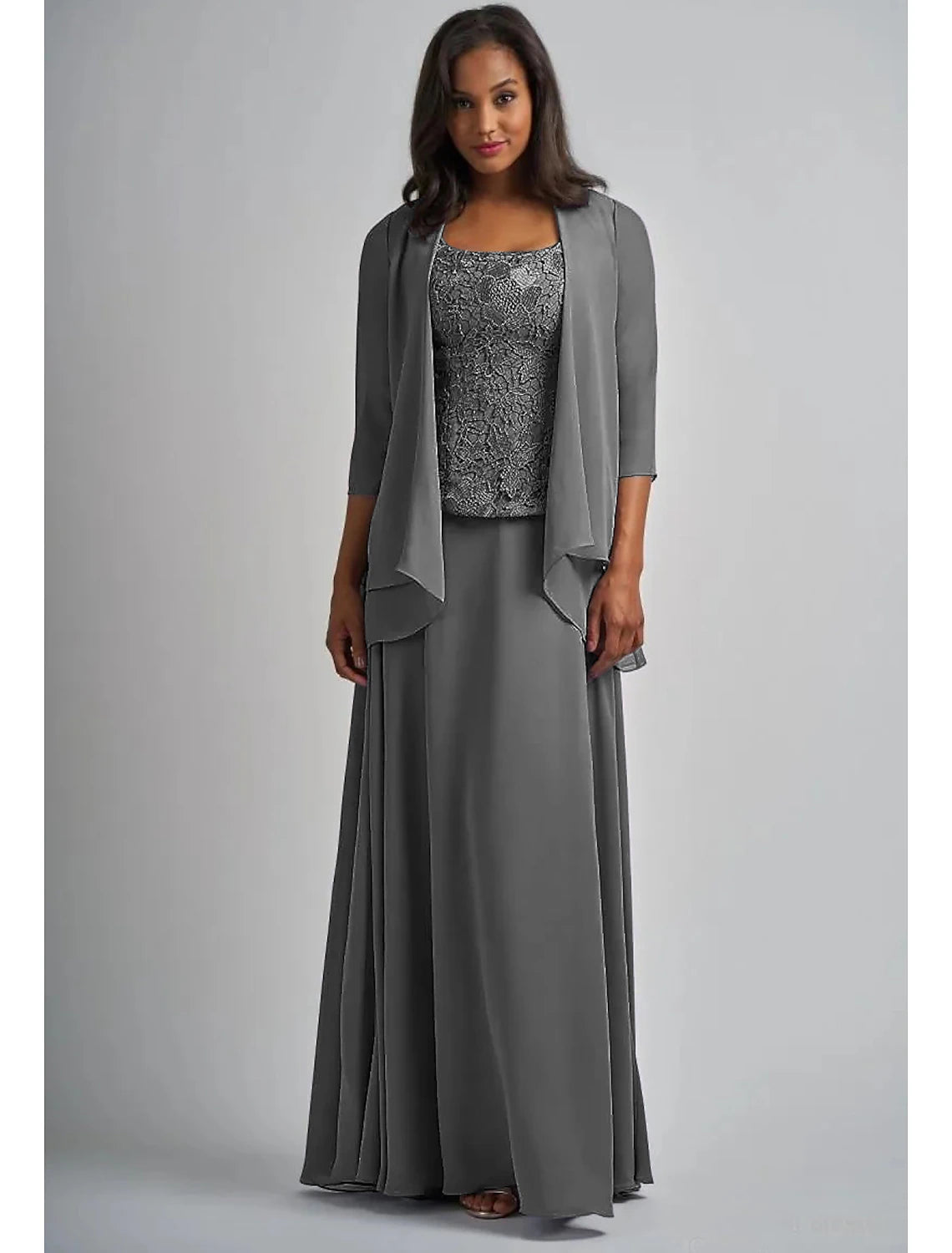 wholesale  Two Piece A-Line Mother of the Bride Dress Elegant Square Neck Floor Length Chiffon Lace 3/4 Length Sleeve Wrap Included with Appliques