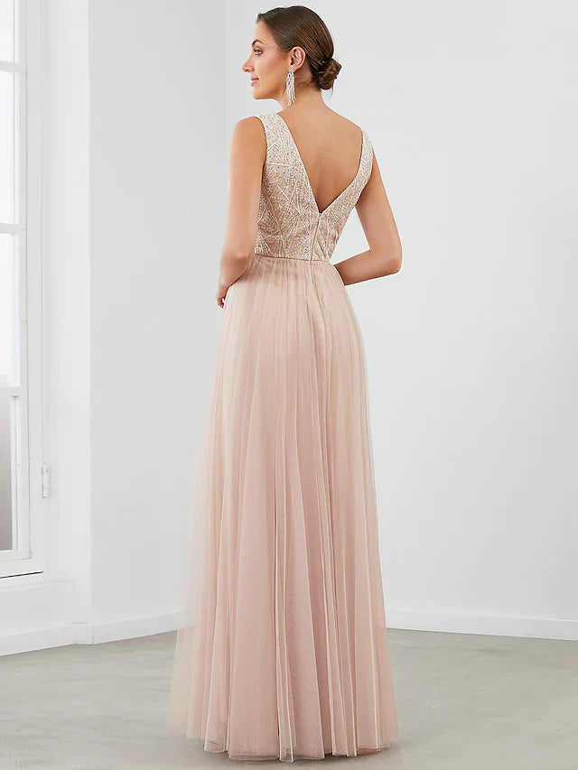 Wholesa A-Line Evening Gown Elegant Dress Wedding Guest Floor Length Sleeveless V Neck Tulle V Back with Sequin Draping