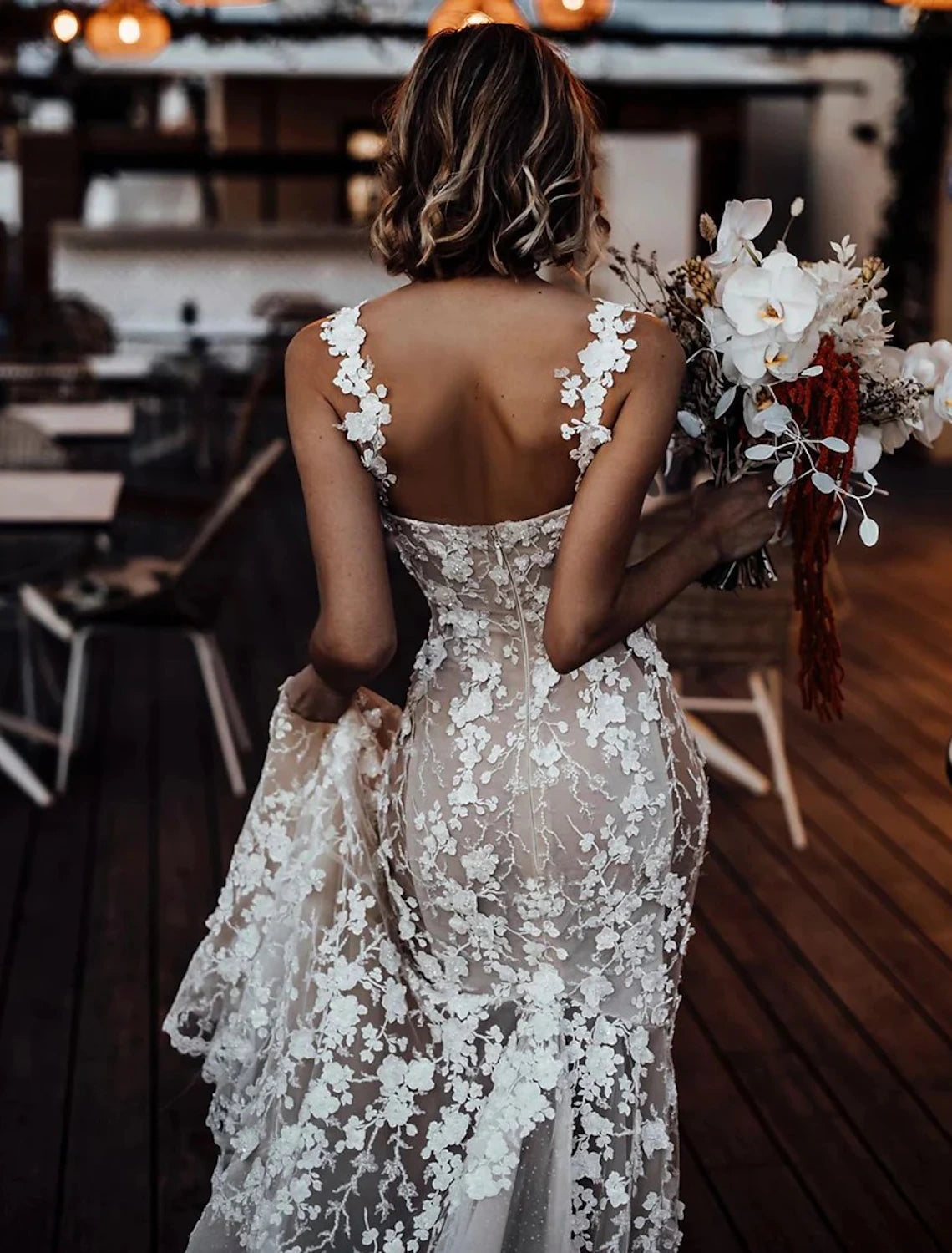wholesale  Beach Sexy Boho Wedding Dresses Mermaid / Trumpet Sweetheart Regular Straps Court Train Lace Bridal Gowns With Appliques Summer Fall Wedding Party