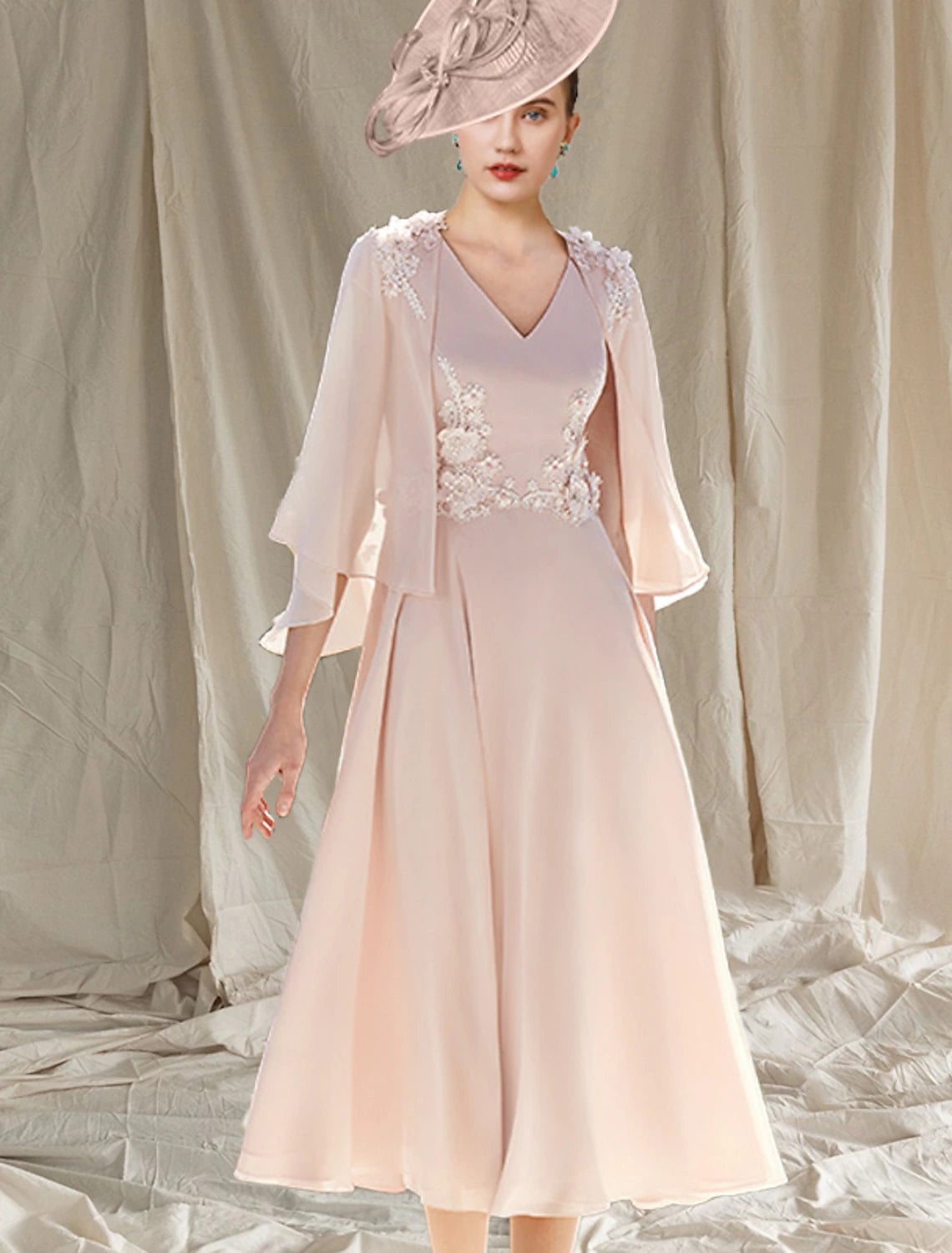wholesale  Two Piece A-Line Mother of the Bride Dress Wedding Guest Church Elegant V Neck Tea Length Chiffon Sleeveless Wrap Included with Appliques