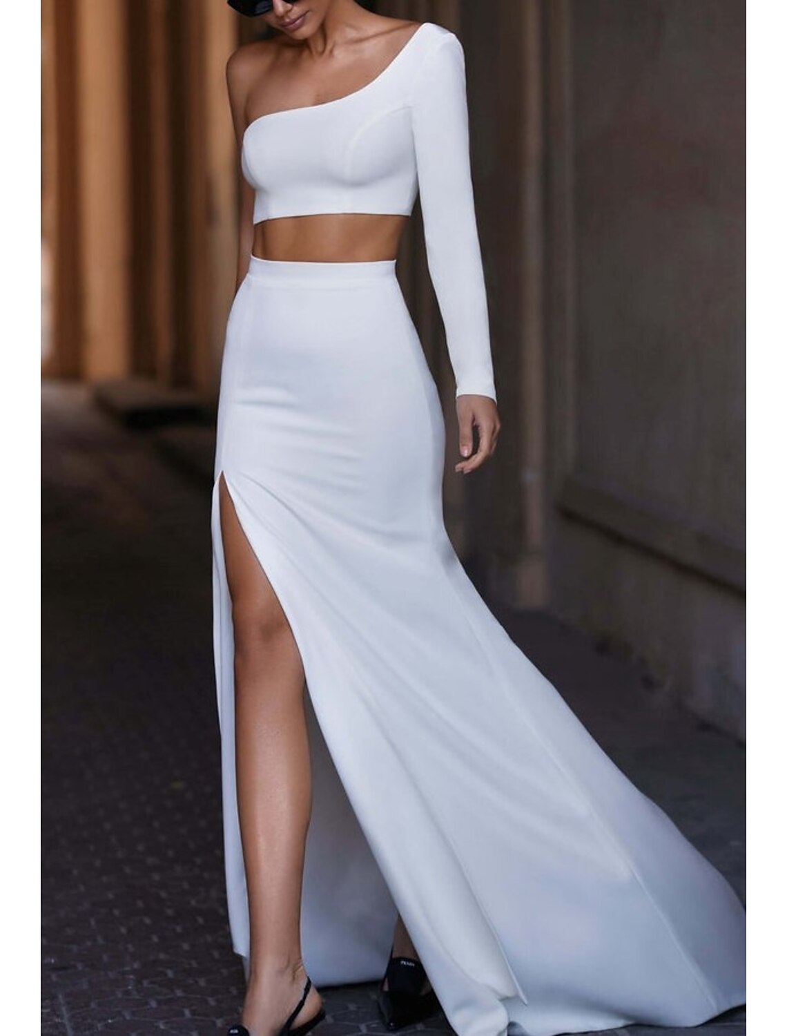 wholesale  Sheath / Column Minimalist Sexy Prom Birthday Dress One Shoulder Long Sleeve Court Train Satin with Slit Pure Color