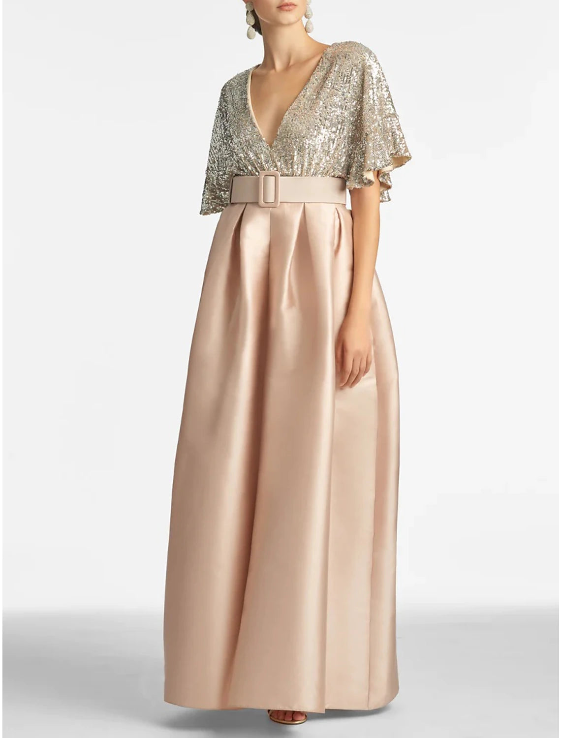 Wholesa A-Line Evening Gown Party Dress Sparkle & Shine Dress Formal Wedding Guest Ankle Length Half Sleeve V Neck Fall Wedding Guest Sequined with Sequin Strappy