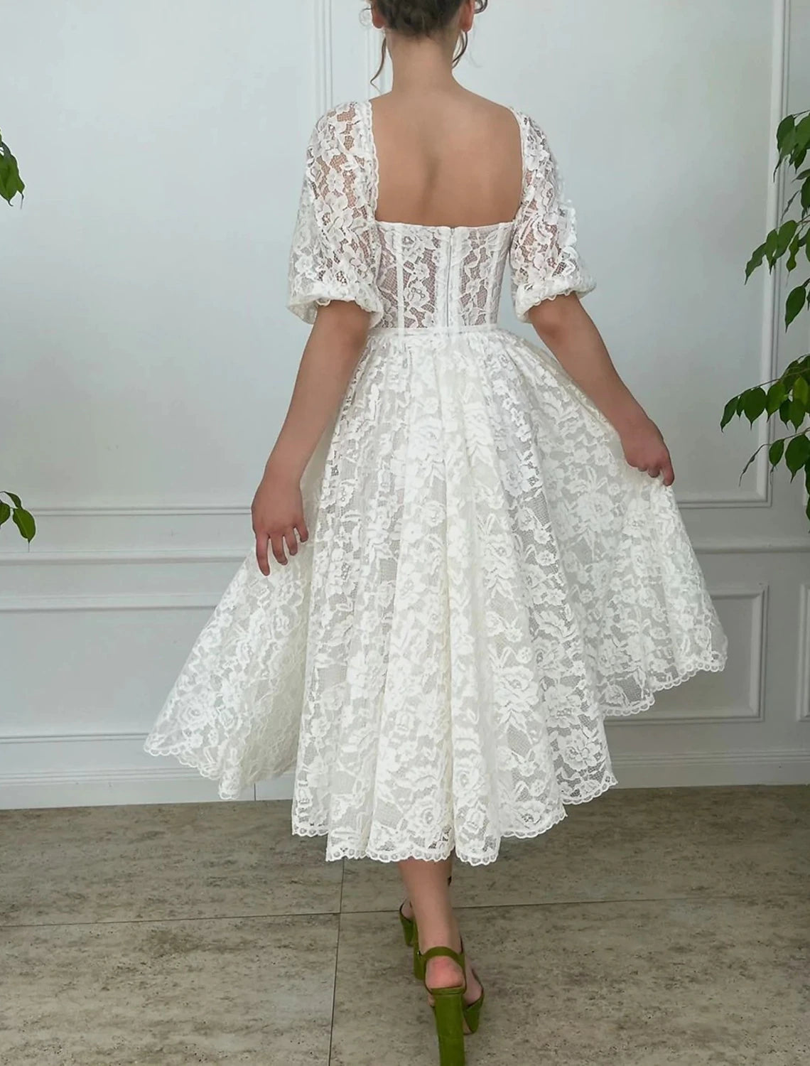 Wholesa Reception Little White Dresses Wedding Dresses A-Line Sweetheart Half Sleeve Tea Length Lace Bridal Gowns With Appliques Solid Color