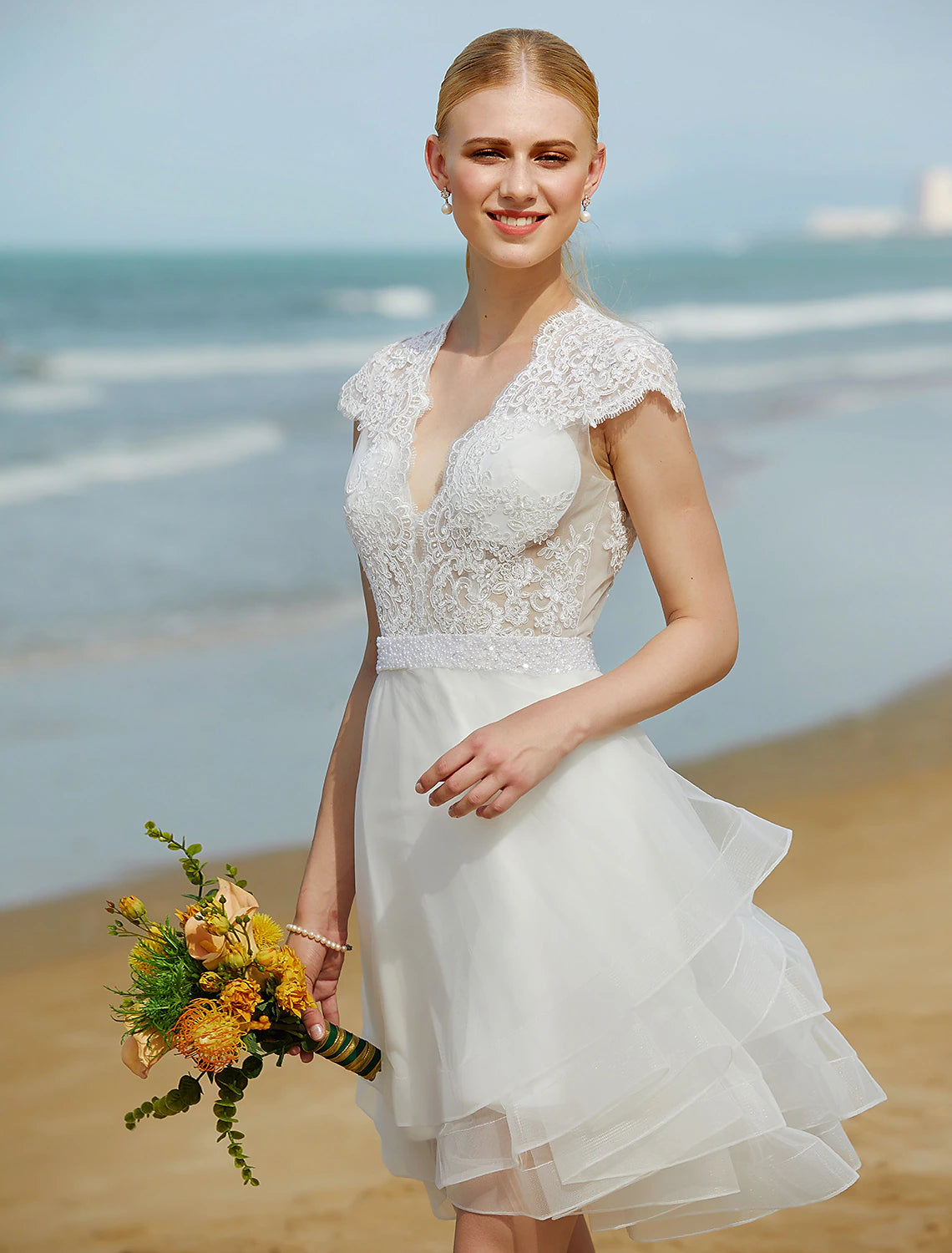 wholesale  Wedding Dresses A-Line V Neck Sleeveless Knee Length Tulle Bridal Gowns With Sash / Ribbon Beading