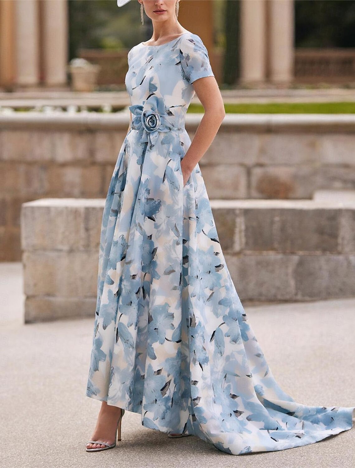 Wholesa A-Line Mother of the Bride Dress Formal Wedding Guest Elegant Bateau Neck Asymmetrical Ankle Length Chiffon Short Sleeve with Pleats Flower