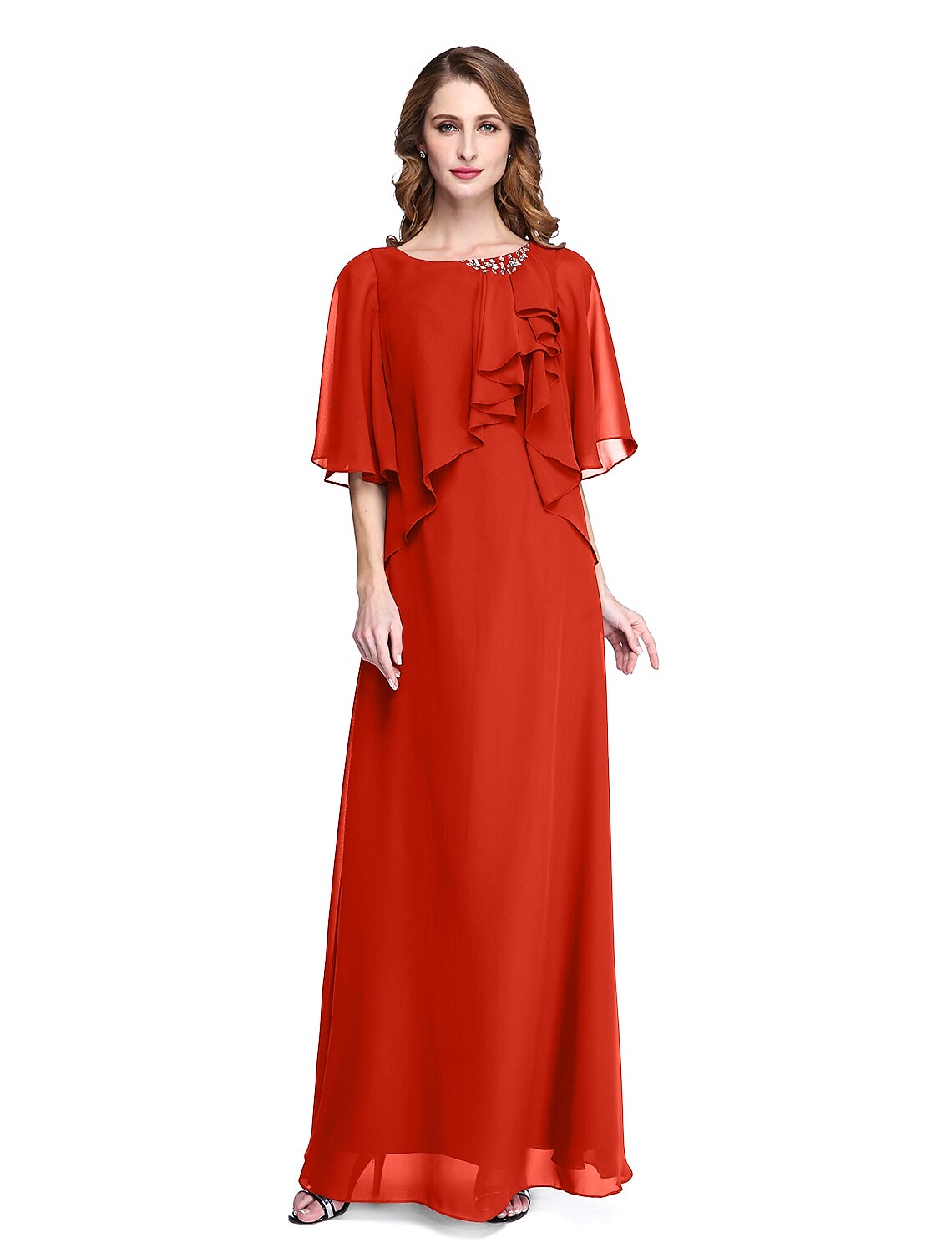 wholesale  Sheath / Column Mother of the Bride Dress Elegant Open Back Jewel Neck Floor Length Chiffon Half Sleeve with Pleats Beading Ruffle