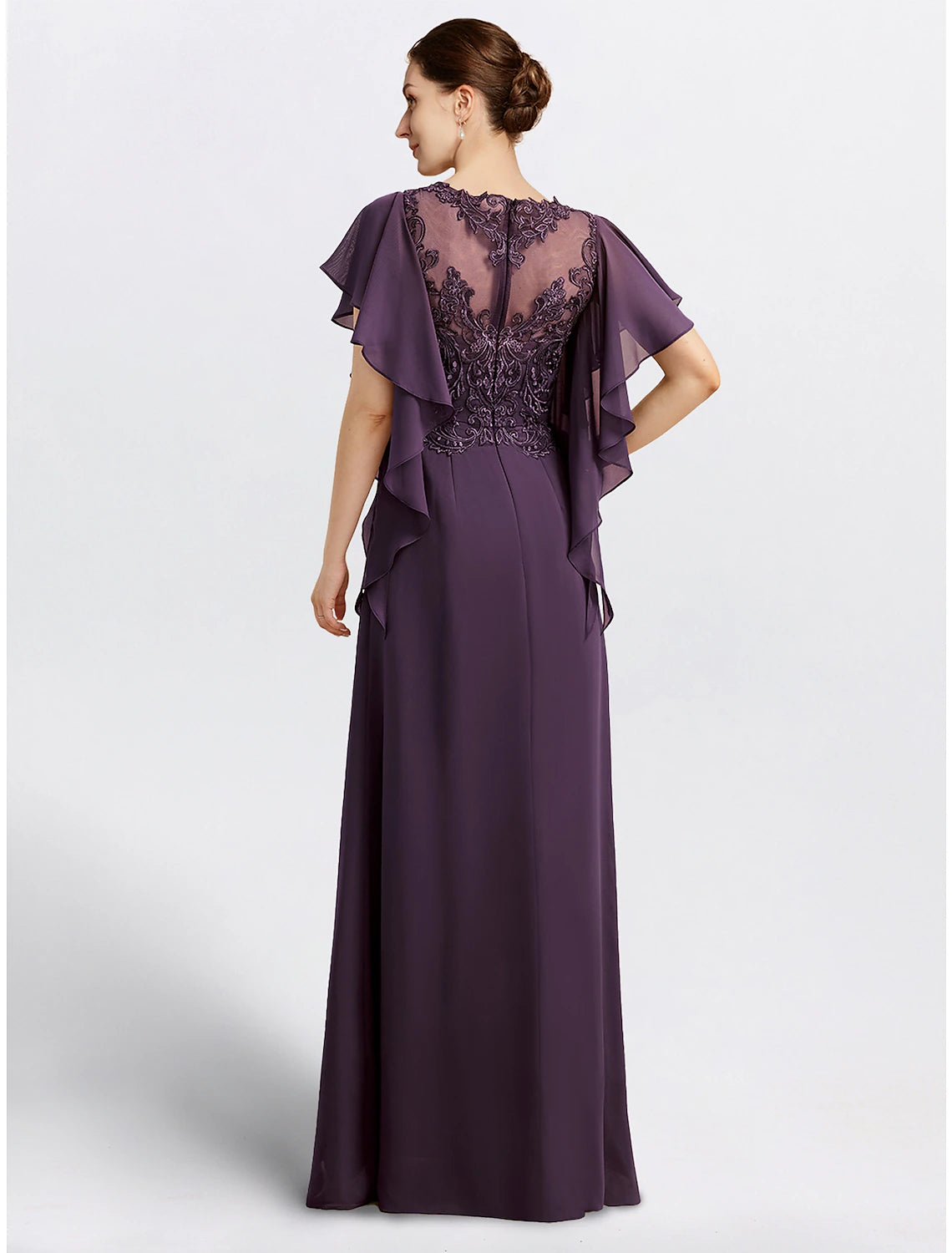 Wholesa Sheath Mother of the Bride Dress Cape Dress Formal Wedding Guest Elegant Jewel Neck Floor Length Chiffon Short Sleeve with Beading Appliques