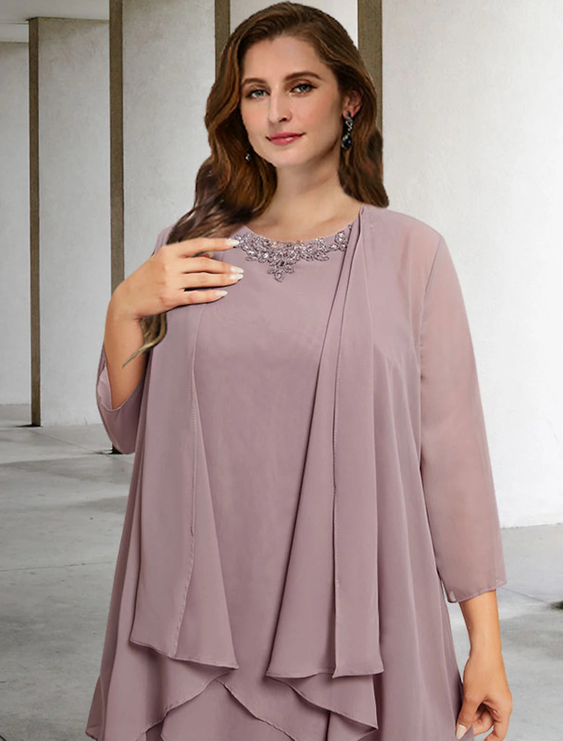 wholesale  Two Piece A-Line Mother of the Bride Dresses Plus Size Hide Belly Curve Elegant Dress Formal Floor Length Sleeveless Jewel Neck Chiffon with Sequin Ruffles Appliques