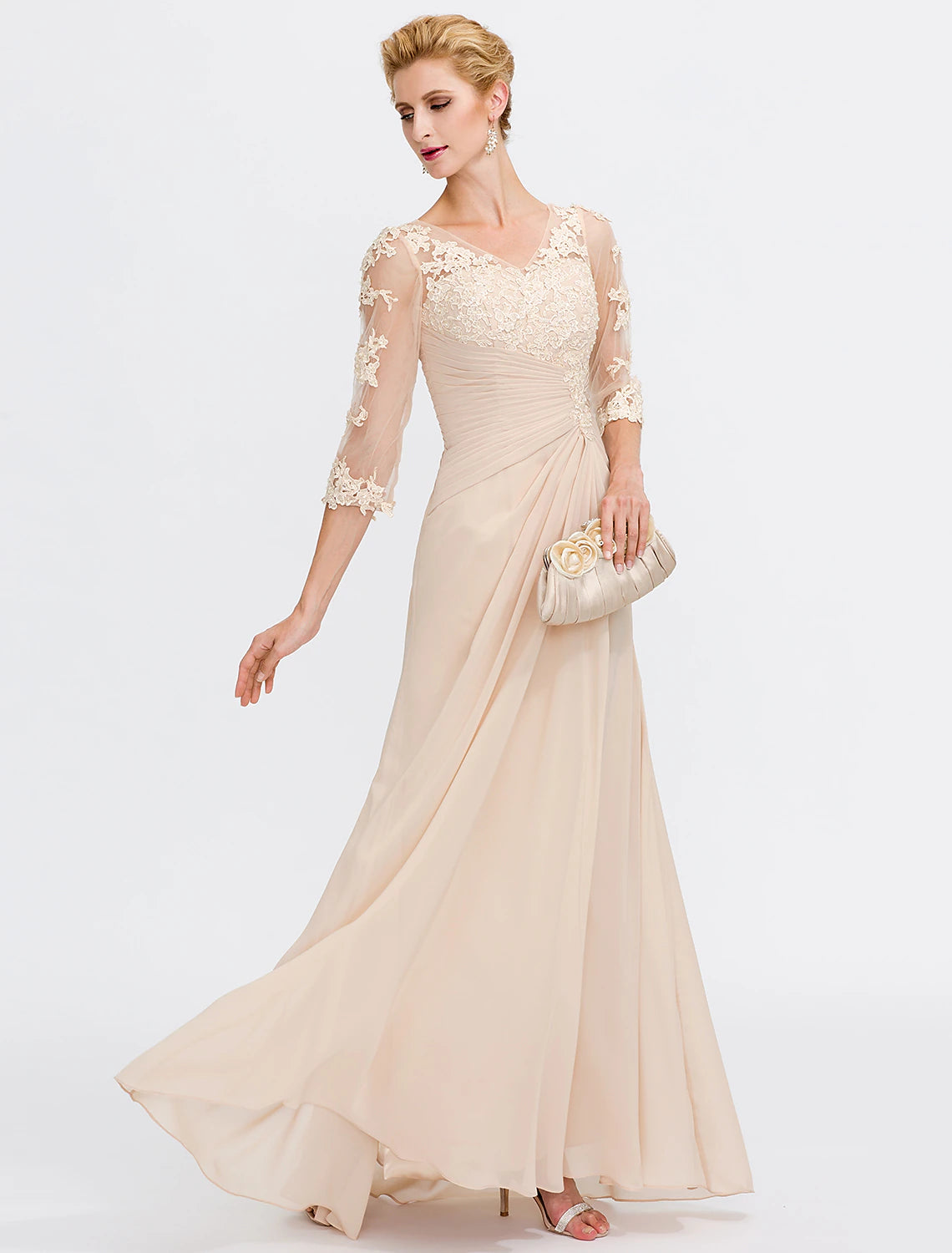 wholesale  A-Line Mother of the Bride Dress Fall Wedding Guest Dresses Plus Size Elegant See Through V Neck Floor Length Chiffon Half Sleeve with Appliques Side Draping