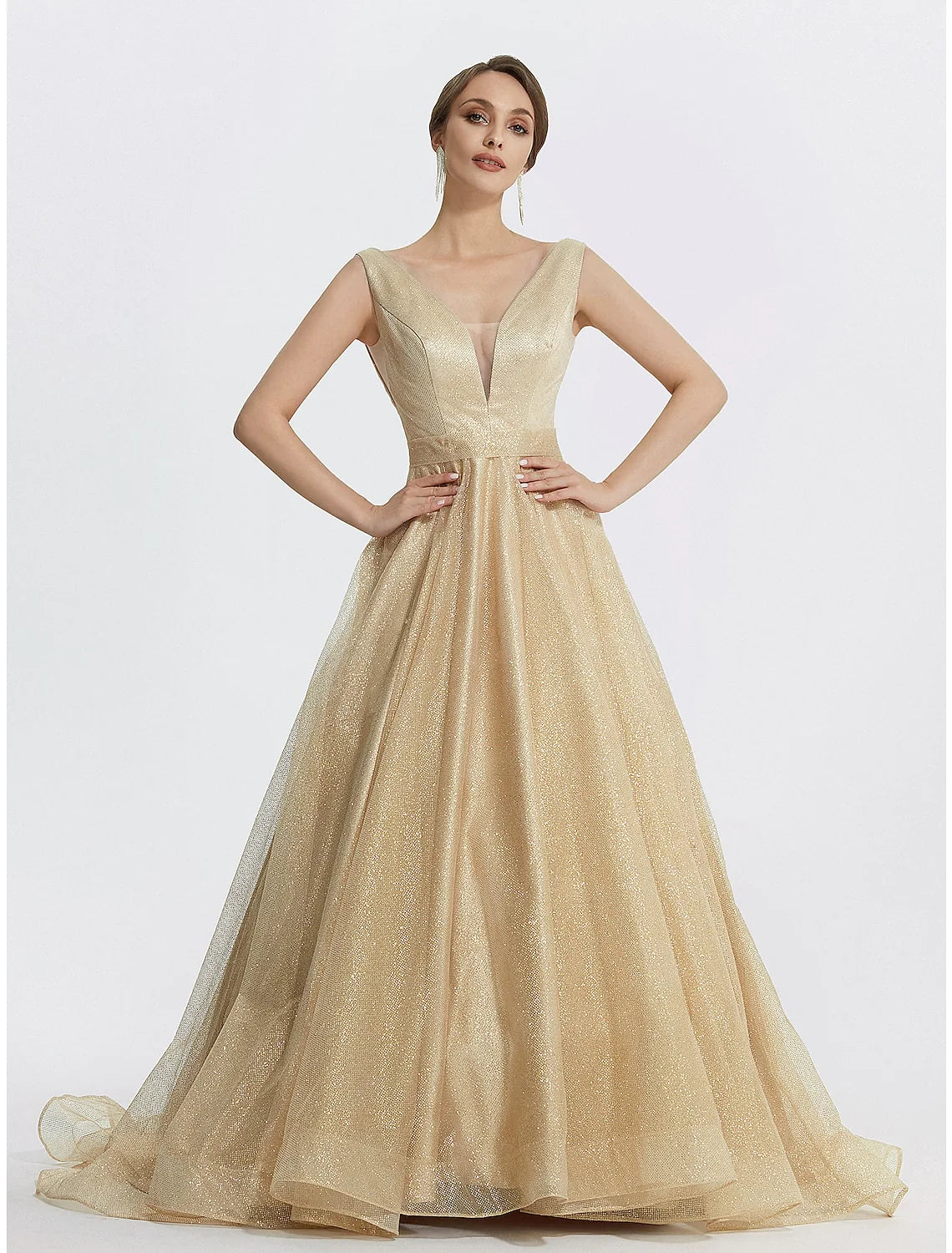 Wholesa Ball Gown Prom Dresses Sparkle Dress Wedding Quinceanera Floor Length Sleeveless V Neck Tulle with Glitter