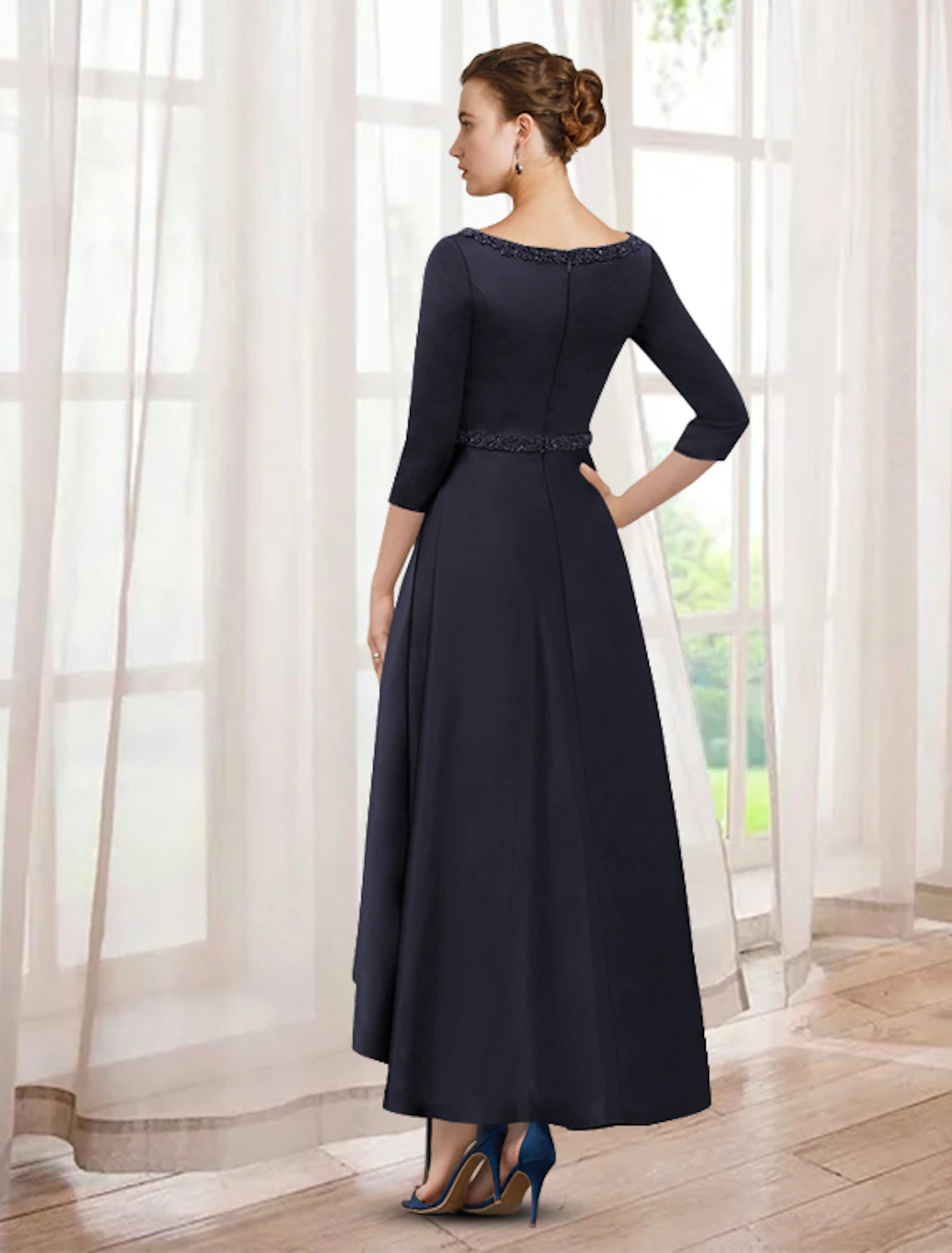 wholesale  A-Line Mother of the Bride Dress Elegant High Low V Neck Asymmetrical Tea Length Satin Half Sleeve with Beading