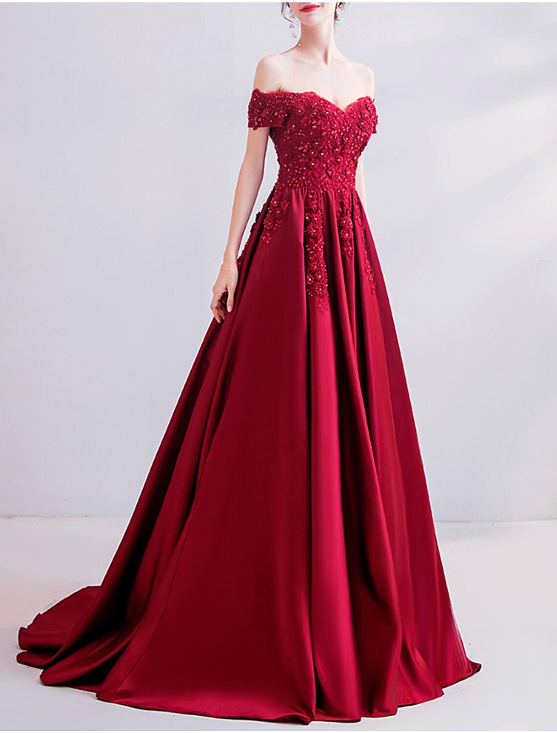 Wholesa A-Line Sexy Engagement Formal Evening Dress Off Shoulder Short Sleeve Sweep / Brush Train Lace with Pleats Beading