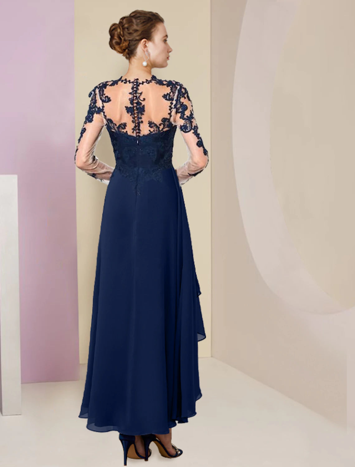 wholesale  A-Line Mother of the Bride Dress Formal Wedding Guest Elegant High Low Scoop Neck Asymmetrical Tea Length Chiffon Lace 3/4 Length Sleeve with Pleats Appliques