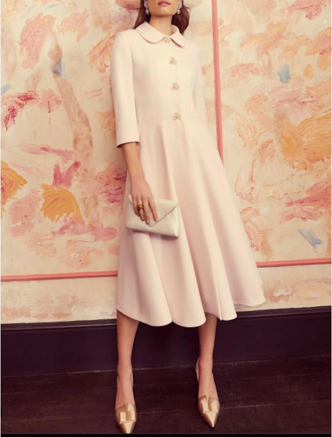 Wholesa  A-Line Mother of the Bride Dress Formal Wedding Guest Elegant Shirt Collar Tea Length Chiffon Sequined Stretch Chiffon 3/4 Length Sleeve with Crystals