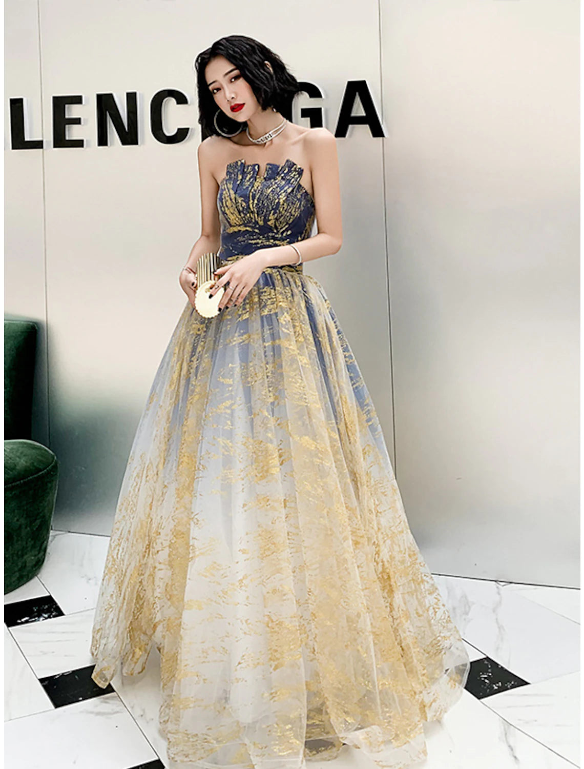 Wholesa A-Line Color Block Sparkle Engagement Prom Dress Strapless Sleeveless Floor Length Sequined with Sequin