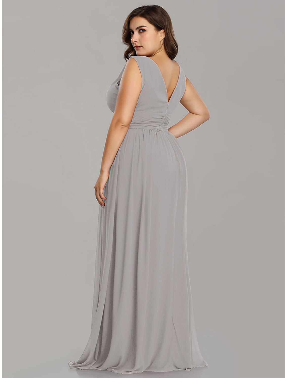 Wholesa A-Line Plus Size Wedding Guest Formal Evening Dress V Neck V Back Sleeveless Floor Length Chiffon with Pleats