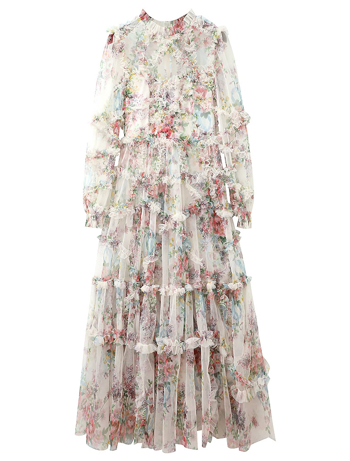 Wholesa A-Line Prom Dresses Floral Dress Wedding Guest Engagement Ankle Length Long Sleeve Jewel Neck Polyester with Ruffles Pattern / Print