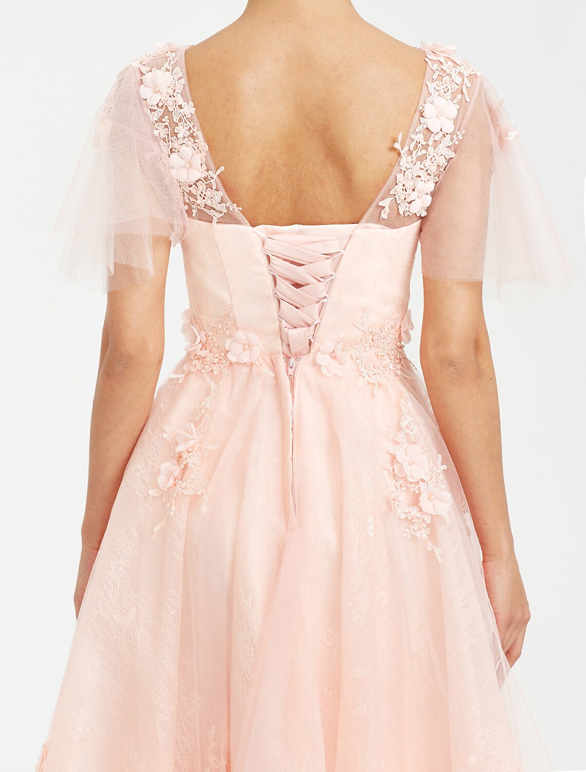 Wholesa  A-Line Prom Dresses Elegant Dress Wedding Guest Cocktail Party Tea Length Short Sleeve V Neck Tulle with Appliques