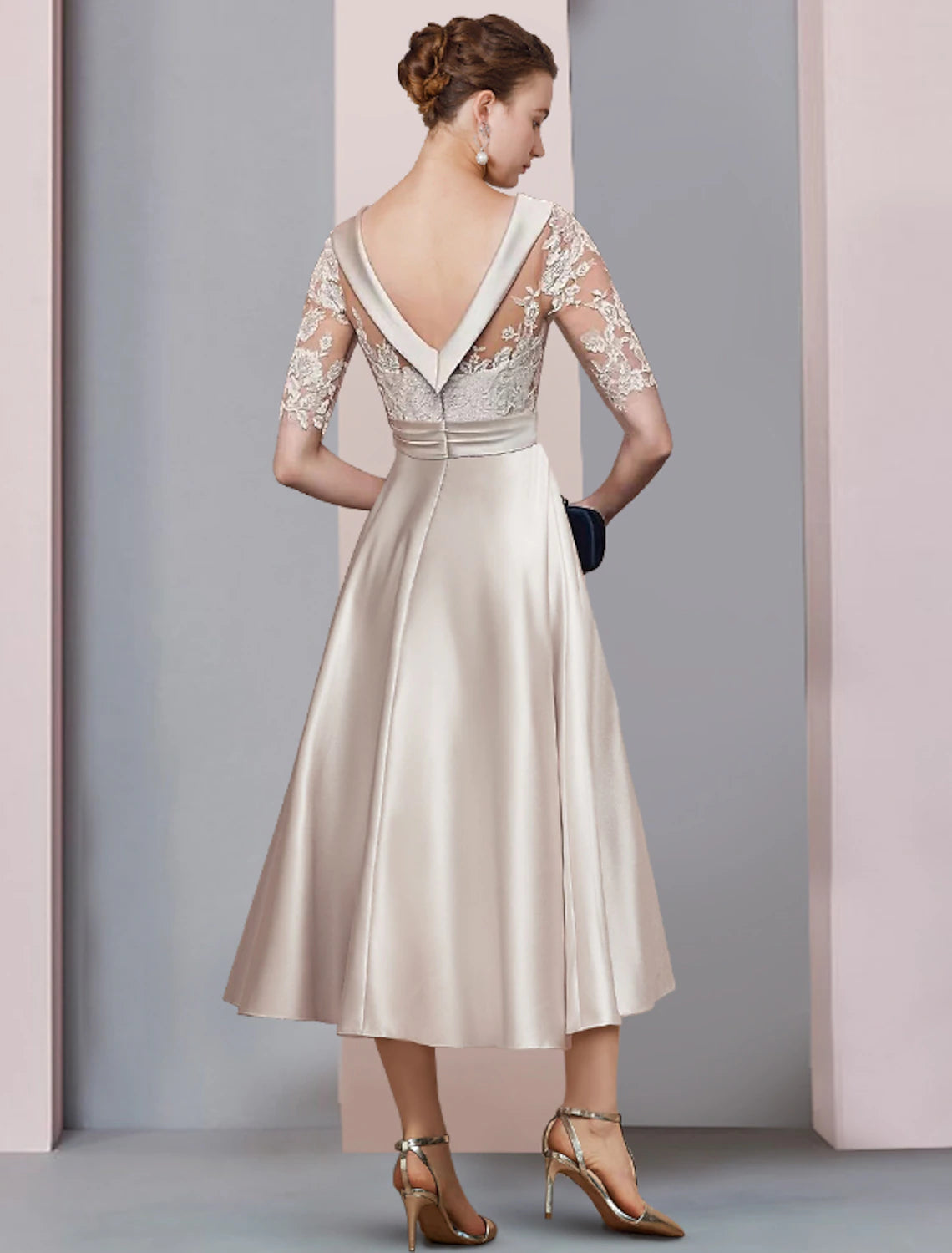 wholesale Mother of the Bride Dress A-Line Fall Wedding Guest Dresses Vintage Elegant Scoop Neck Tea Length Satin Lace Half Sleeve with Ruched Appliques