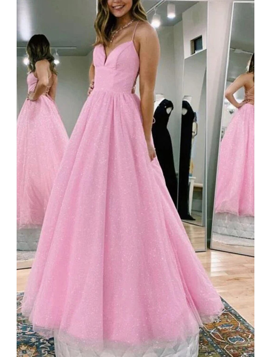 wholesale  Ball Gown A-Line Prom Dresses Glittering Dress Formal Prom Floor Length Sleeveless V Neck Tulle Backless with Pleats