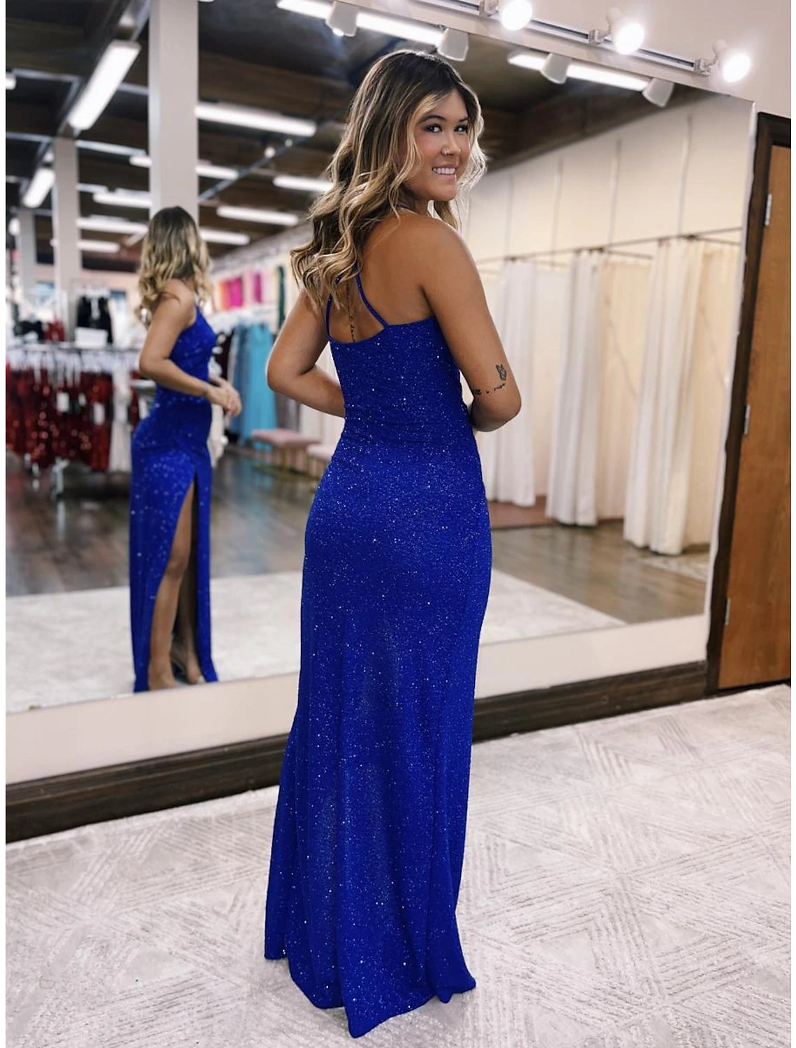 Wholesa Mermaid / Trumpet Prom Dresses Glittering Dress Formal Wedding Party Floor Length Sleeveless V Neck Satin Backless with Glitter