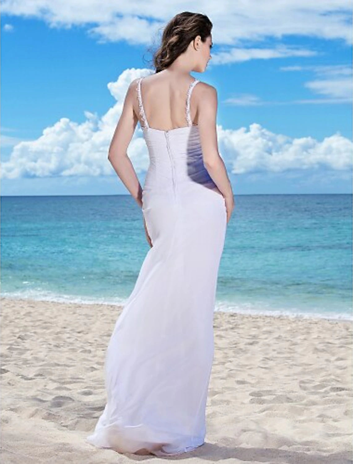 Wholesa  Beach Wedding Dresses Sheath / Column Spaghetti Strap Sleeveless Floor Length Chiffon Bridal Gowns With Ruched Beading