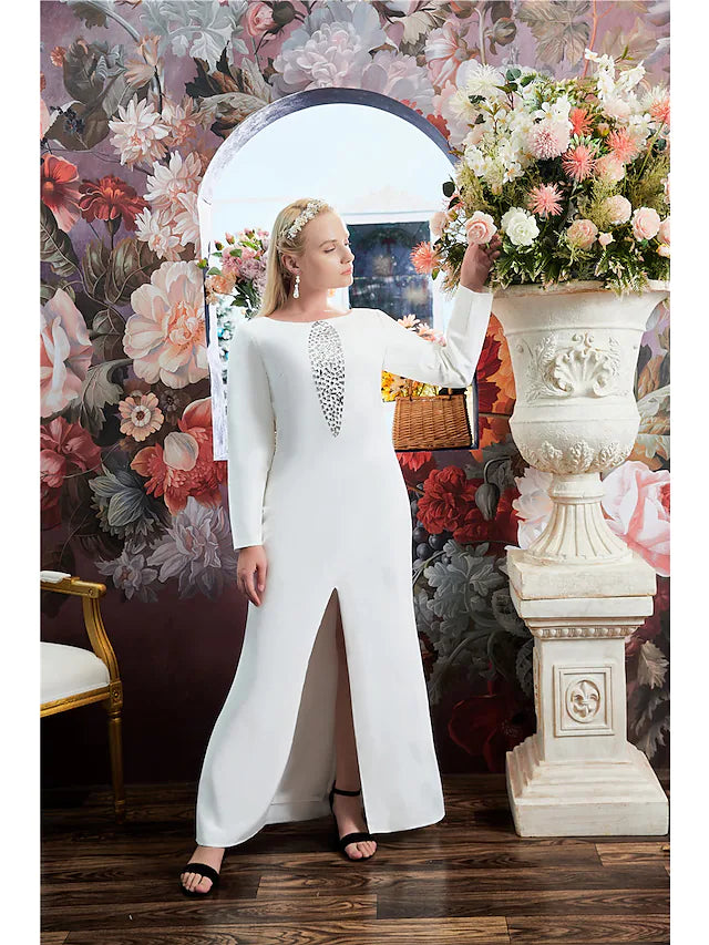 Wholesa A-Line Evening Gown Sparkle Dress Engagement Floor Length Long Sleeve Jewel Neck Stretch Fabric with Crystals Slit