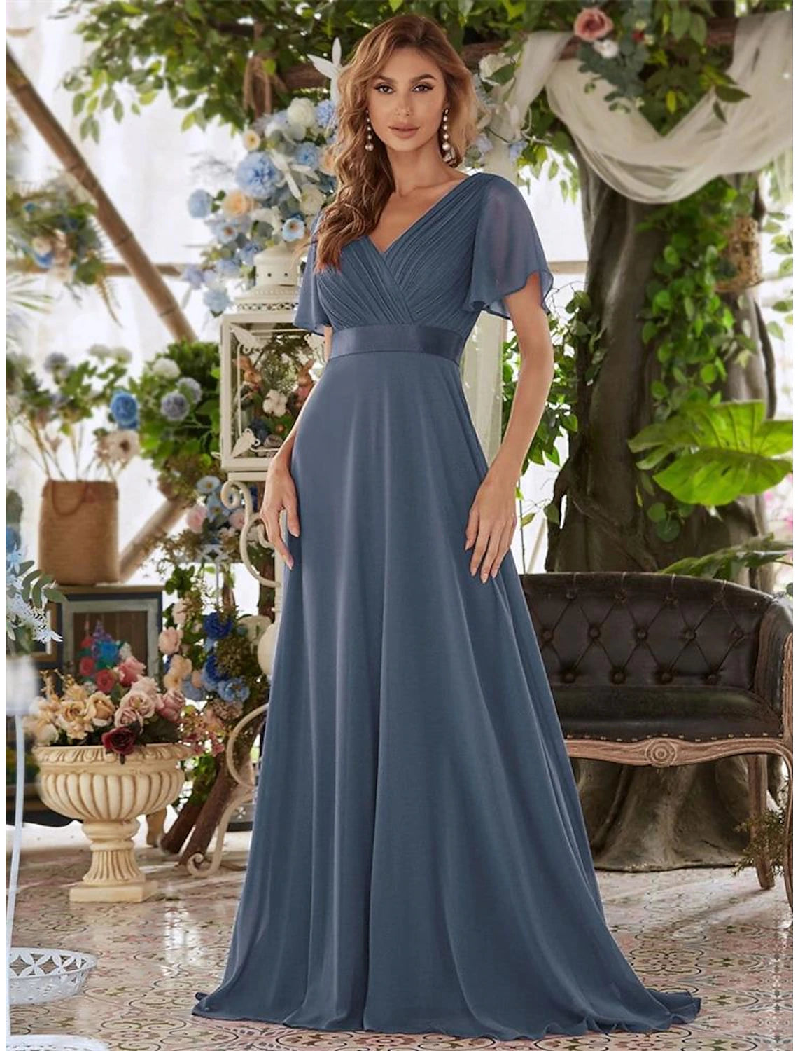 wholesale  A-Line Evening Gown Party Dress Empire Dress Wedding Guest Formal Evening Floor Length Short Sleeve V Neck Bridesmaid Dress Chiffon V Back with Ruffles Pure Color
