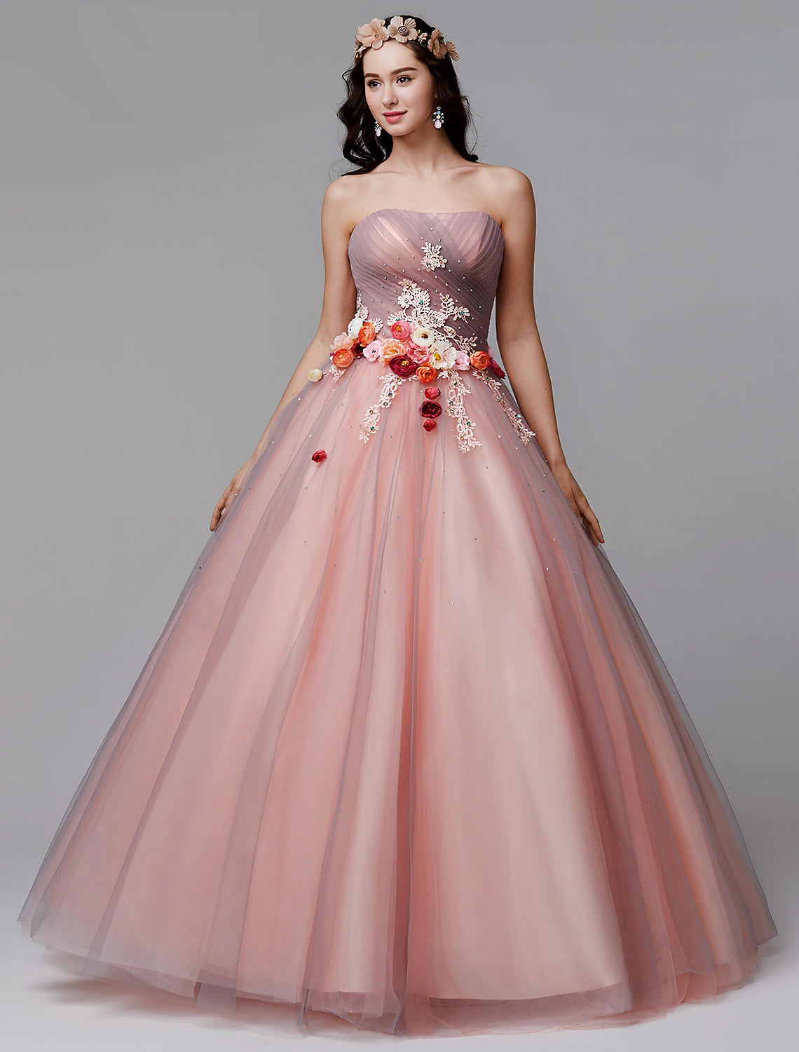 Wholesa Ball Gown Floral Formal Evening Dress Strapless Sleeveless Floor Length Tulle with Pleats Flower