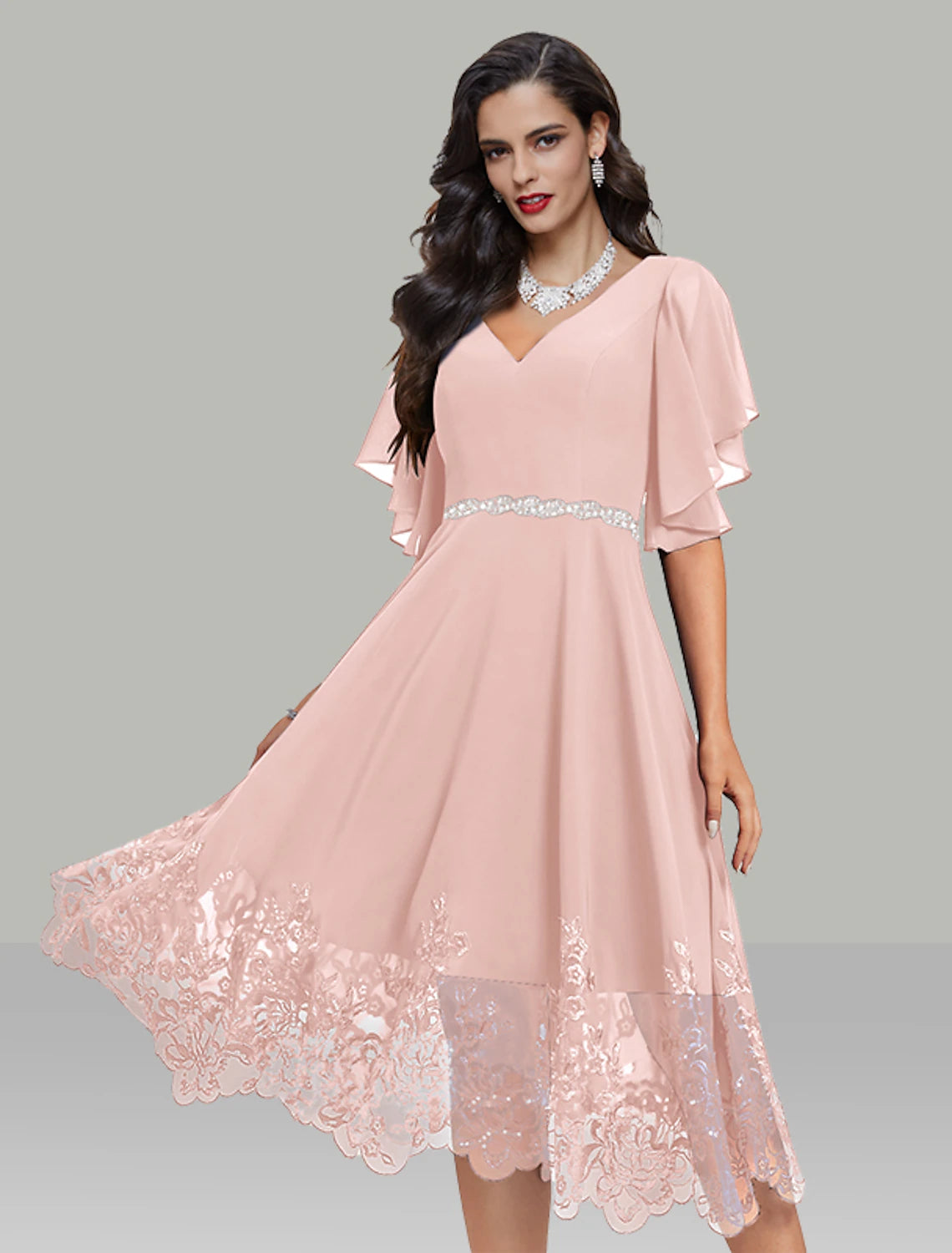 Wholesa  A-Line Wedding Guest Dresses Elegant Dress Cocktail Party Tea Length Short Sleeve V Neck Belt / Sash Chiffon with Rhinestone Glitter Embroidery