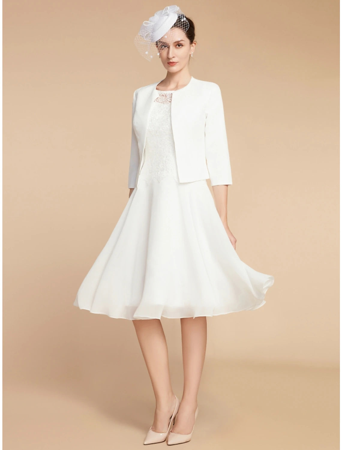 Wholesa Two Piece A-Line Mother of the Bride Dress Wedding Guest Elegant Petite Jewel Neck Knee Length Chiffon Lace 3/4 Length Sleeve with Pleats Solid Color