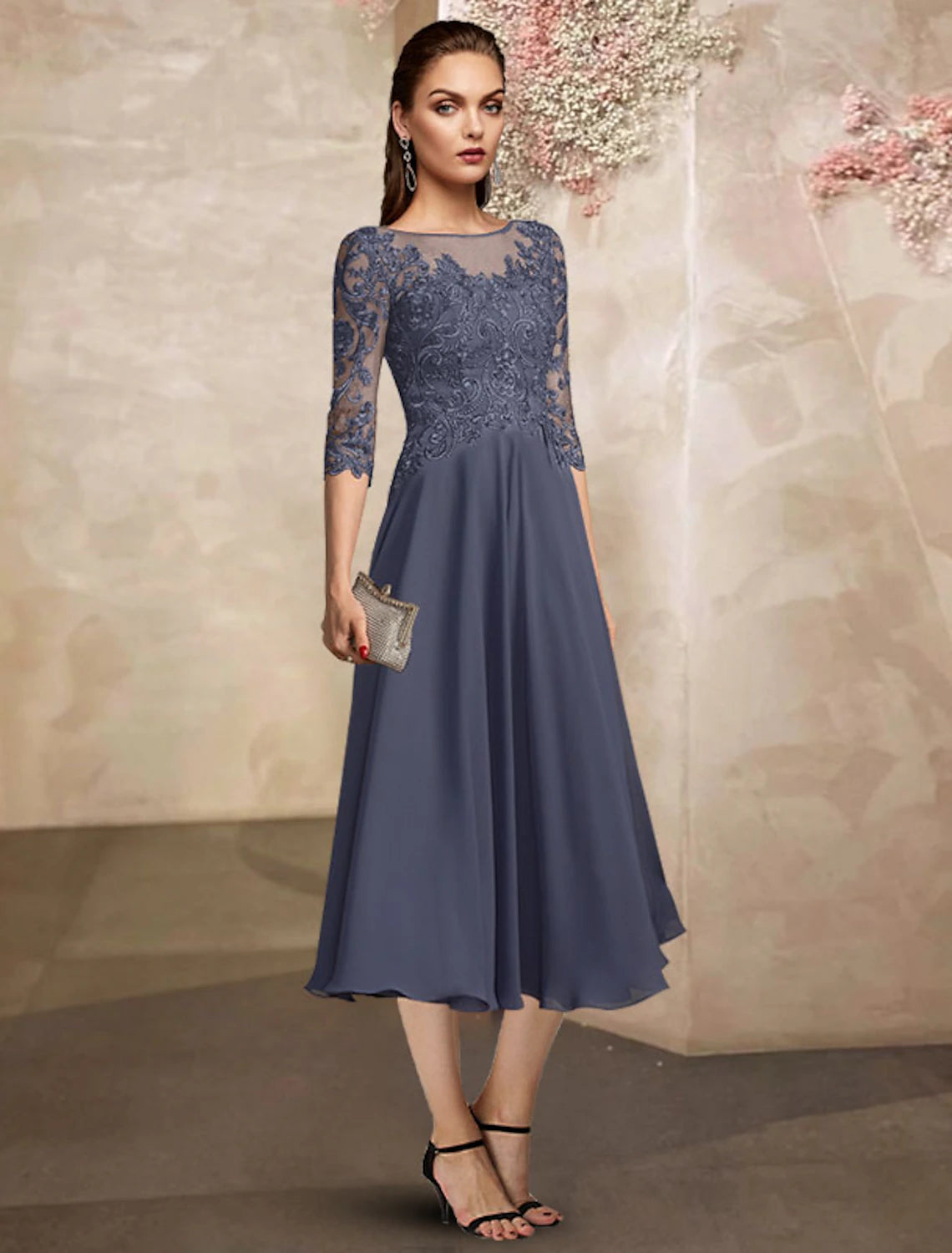 wholesale  A-Line Mother of the Bride Dress Plus Size Elegant Jewel Neck Tea Length Chiffon Lace Half Sleeve with Appliques