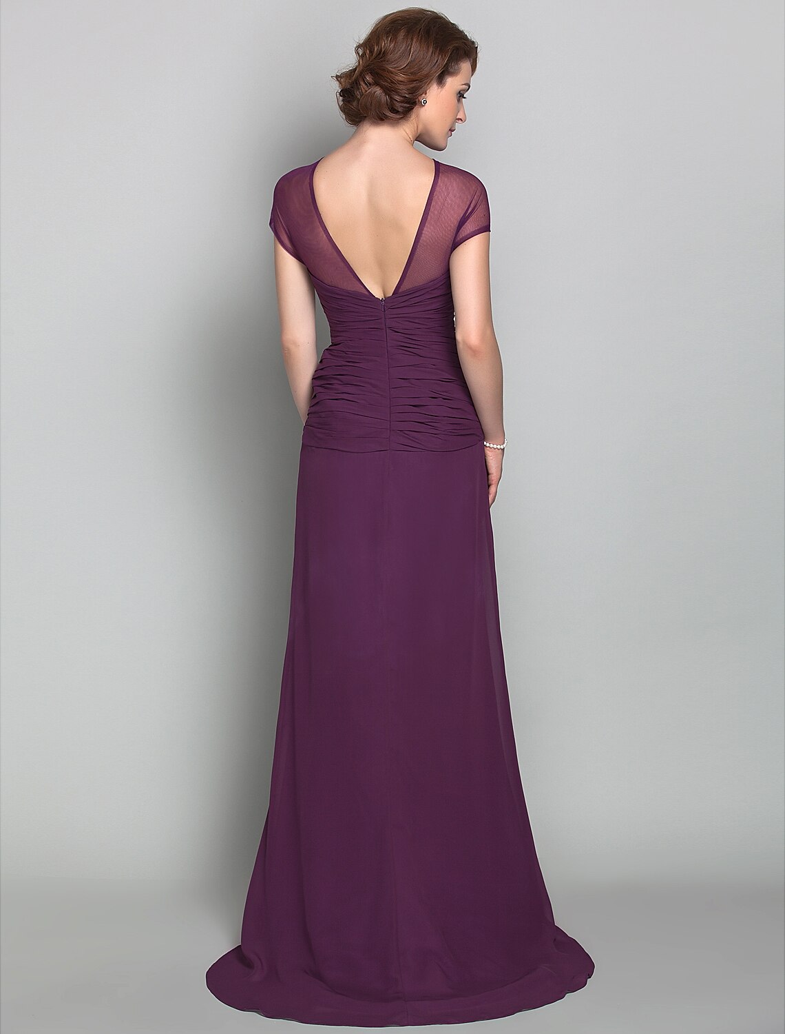 wholesale   Sheath / Column Mother of the Bride Dress See Through Jewel Neck Sweep / Brush Train Chiffon Tulle Short Sleeve with Beading Side Draping