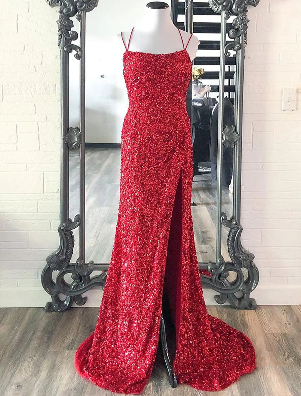 Wholesa Mermaid / Trumpet Prom Dresses Sparkle & Shine Dress Wedding Guest Party Wear Floor Length Sleeveless Spaghetti Strap Sequined with Sequin Slit