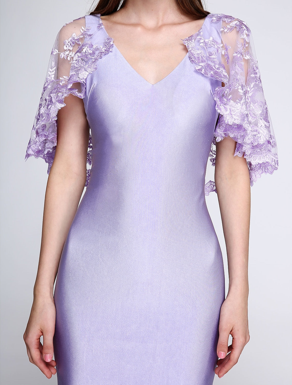 wholesale  Mermaid / Trumpet Bridesmaid Dress V Neck Sleeveless Wrap Included Sweep / Brush Train Jersey with Lace