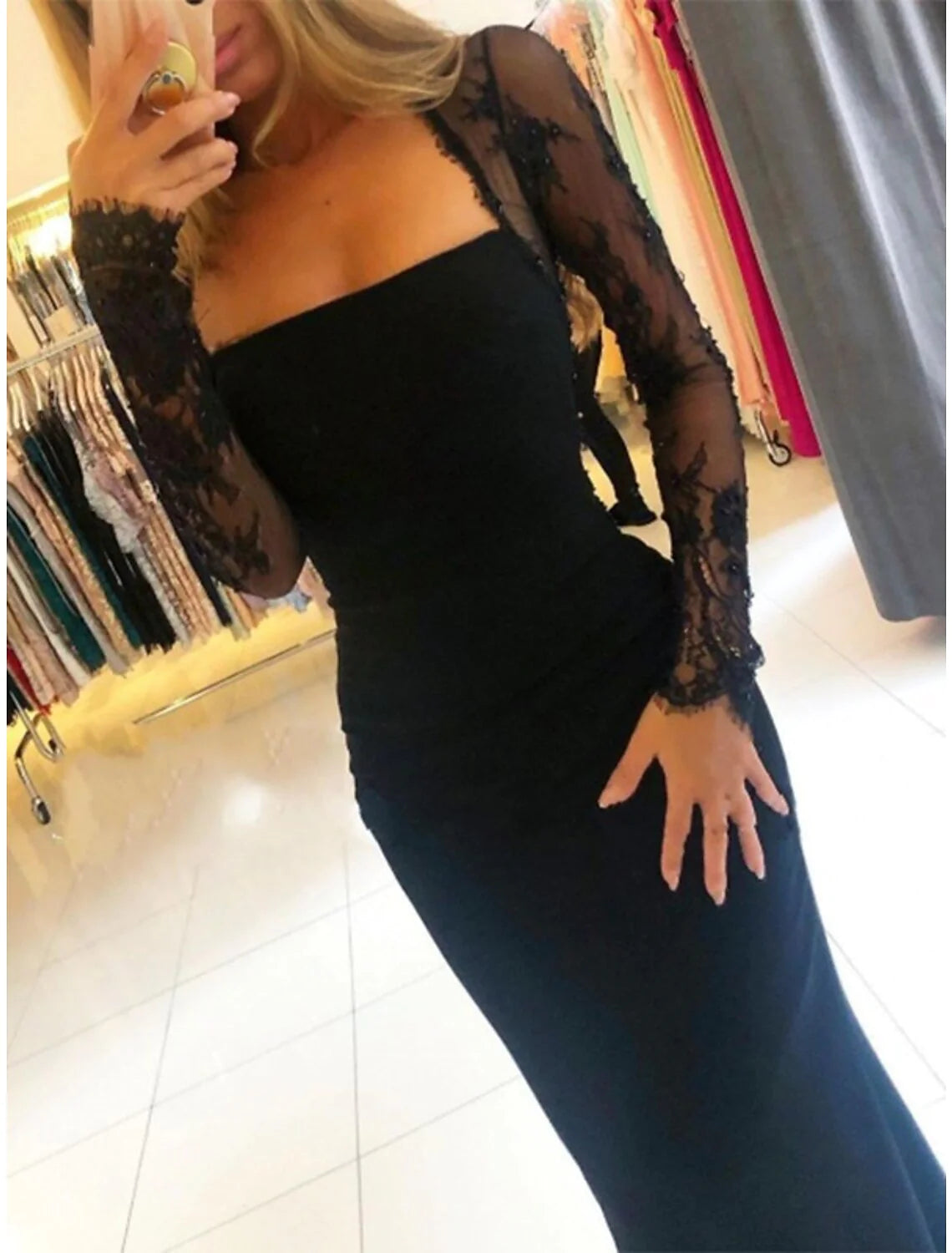 Wholesa Mermaid / Trumpet Prom Dresses Open Back Dress Formal Wedding Guest Court Train Long Sleeve Strapless Stretch Fabric Backless with Beading Appliques
