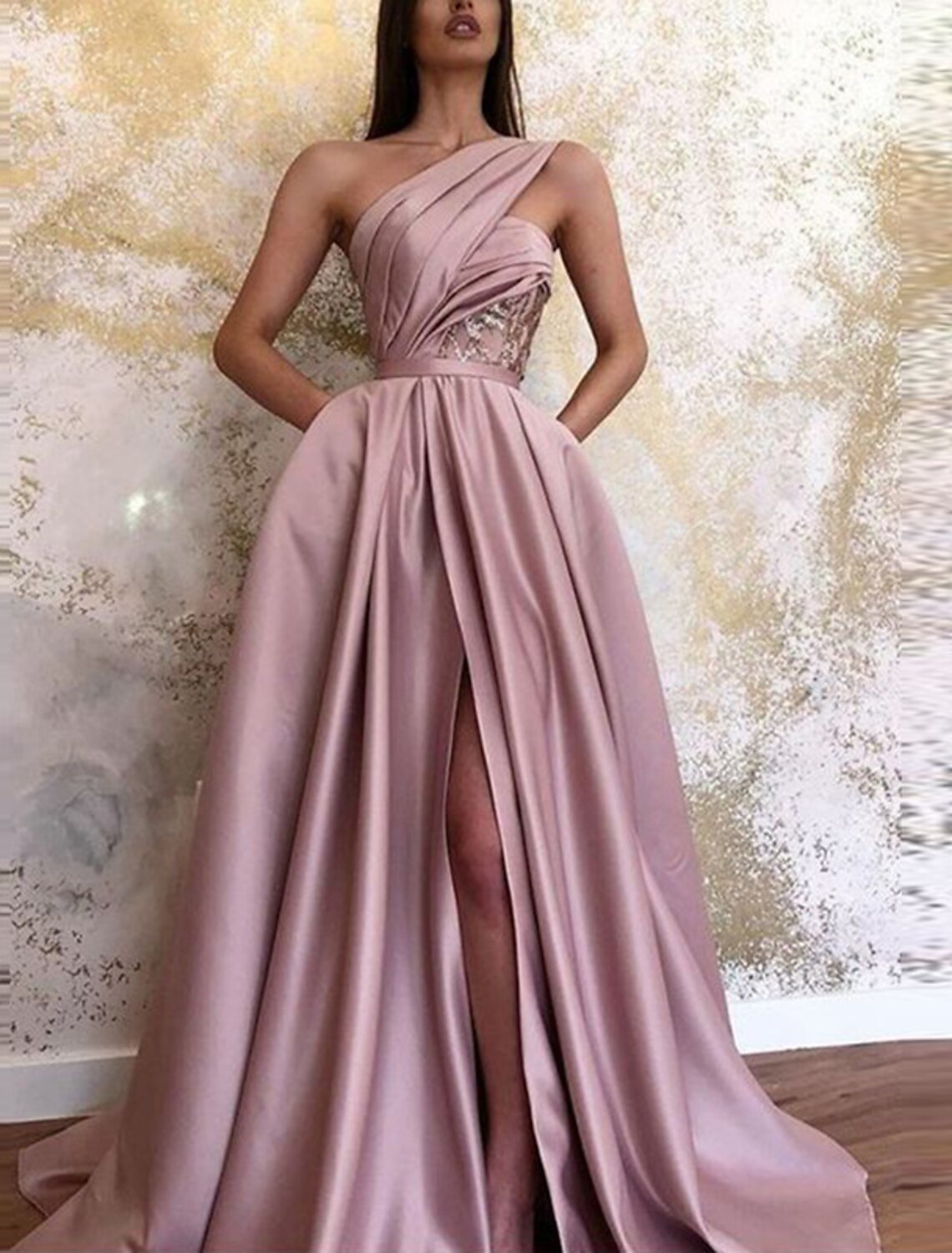 Wholesa  A-Line Evening Gown Celebrity Style Dress Formal Wedding Guest Floor Length Sleeveless One Shoulder Satin with Ruched Slit