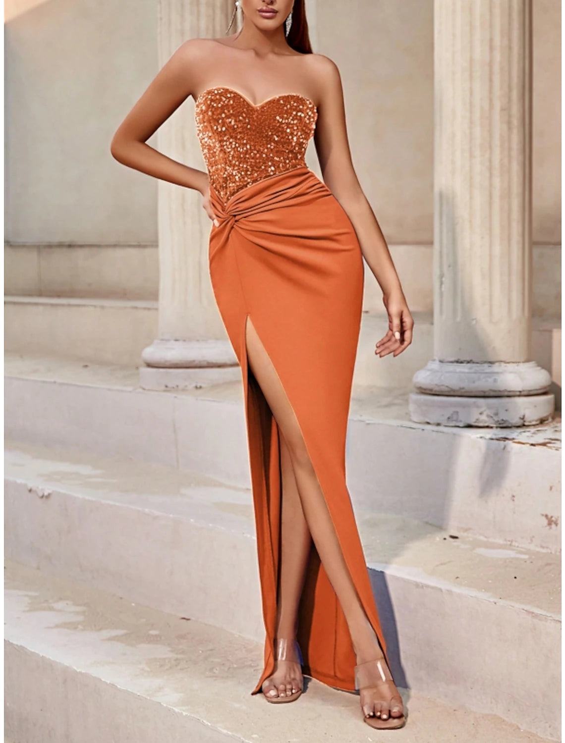 Wholesa Blue Orange Green Blue A-Line Evening Gown Sparkle & Shine Dress Formal Floor Length Sleeveless Sweetheart Stretch Fabric with Glitter Sequin Slit Fall Wedding