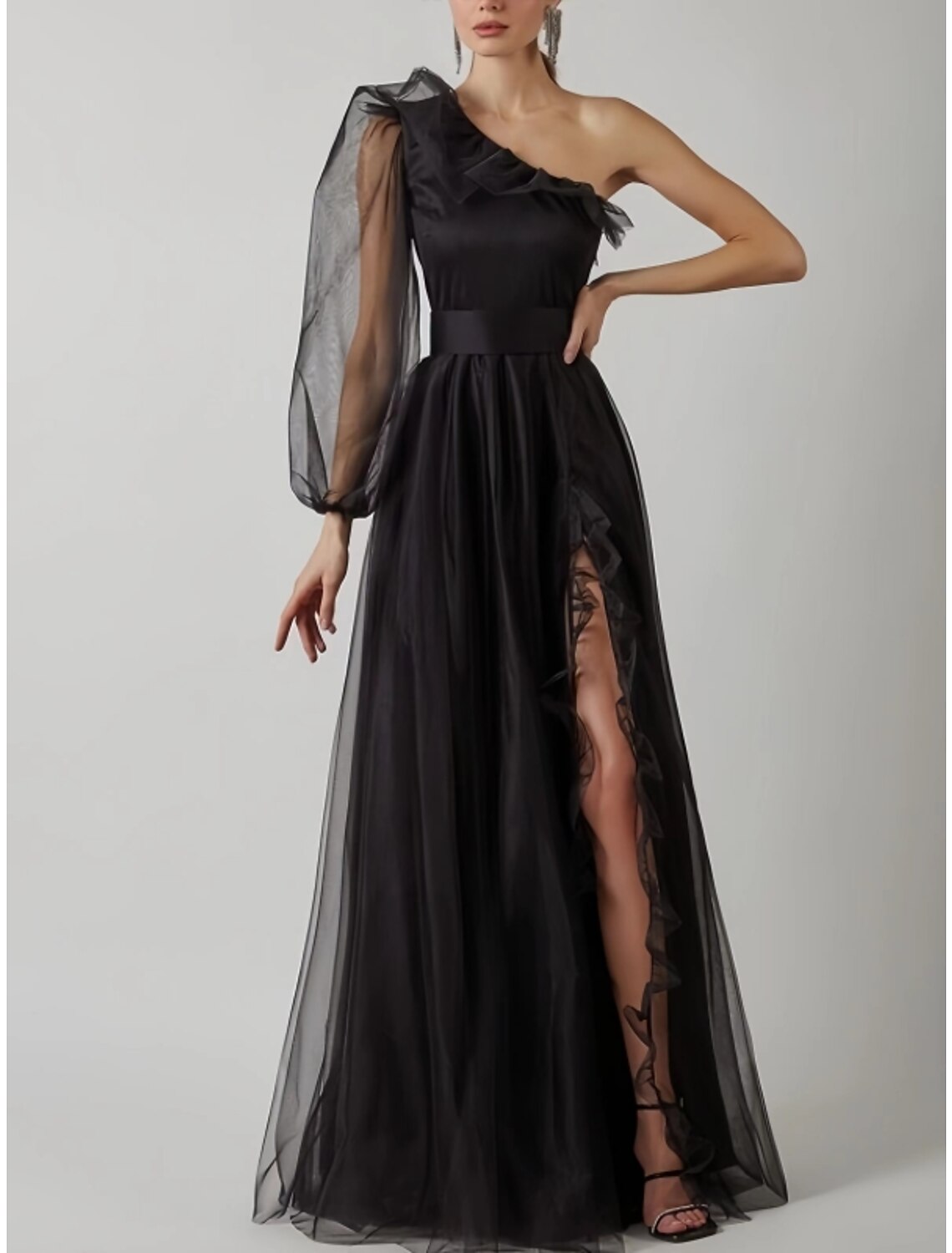 Wholesa  Sheath Prom Dress Elegant Black Dress Plus Size Evening Birthday Floor Length Long Sleeve One Shoulder Tulle with Pleats Ruffles Slit