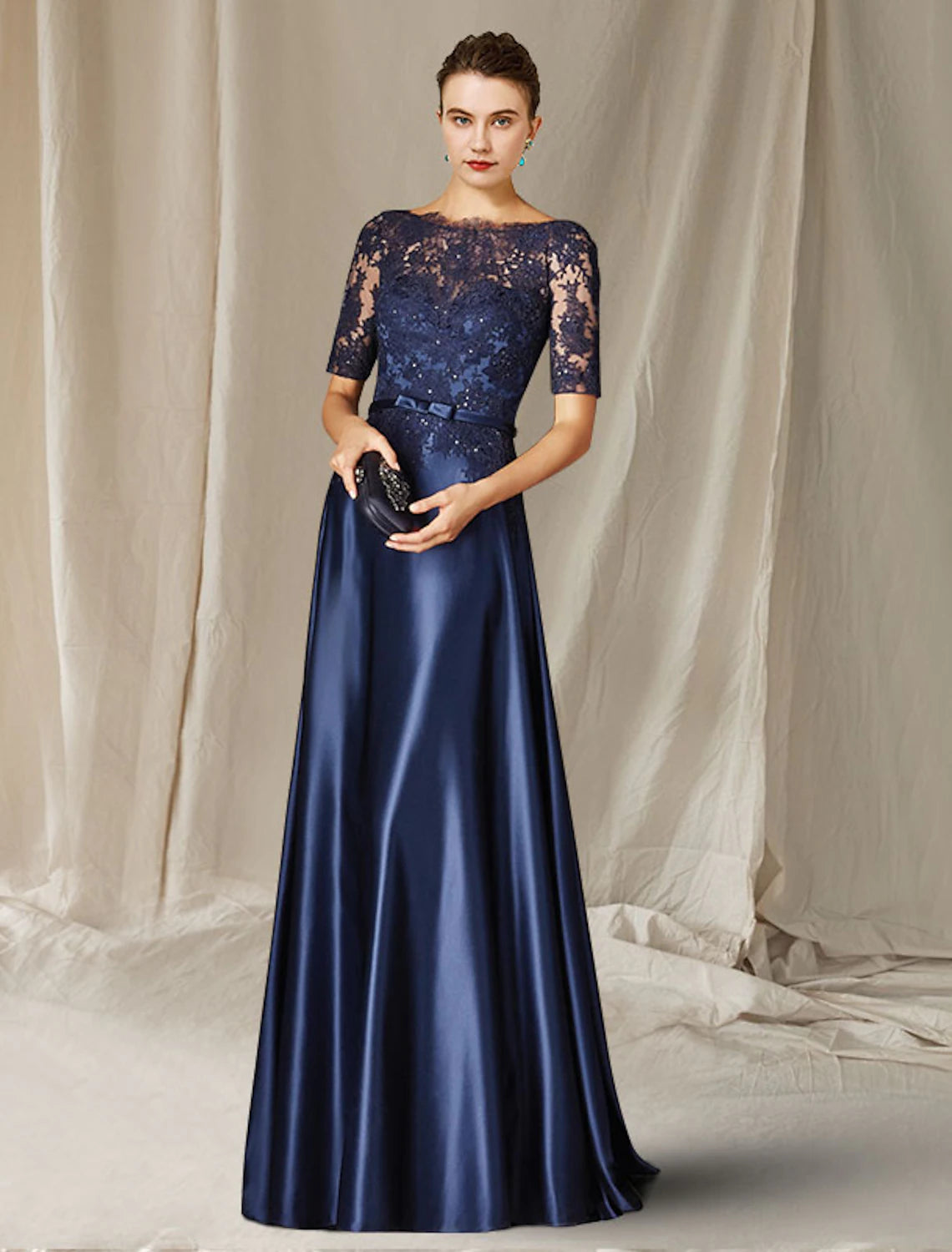 wholesale   A-Line Mother of the Bride Dress Plus Size Elegant Jewel Neck Floor Length Lace Charmeuse Short Sleeve with Bow(s) Appliques