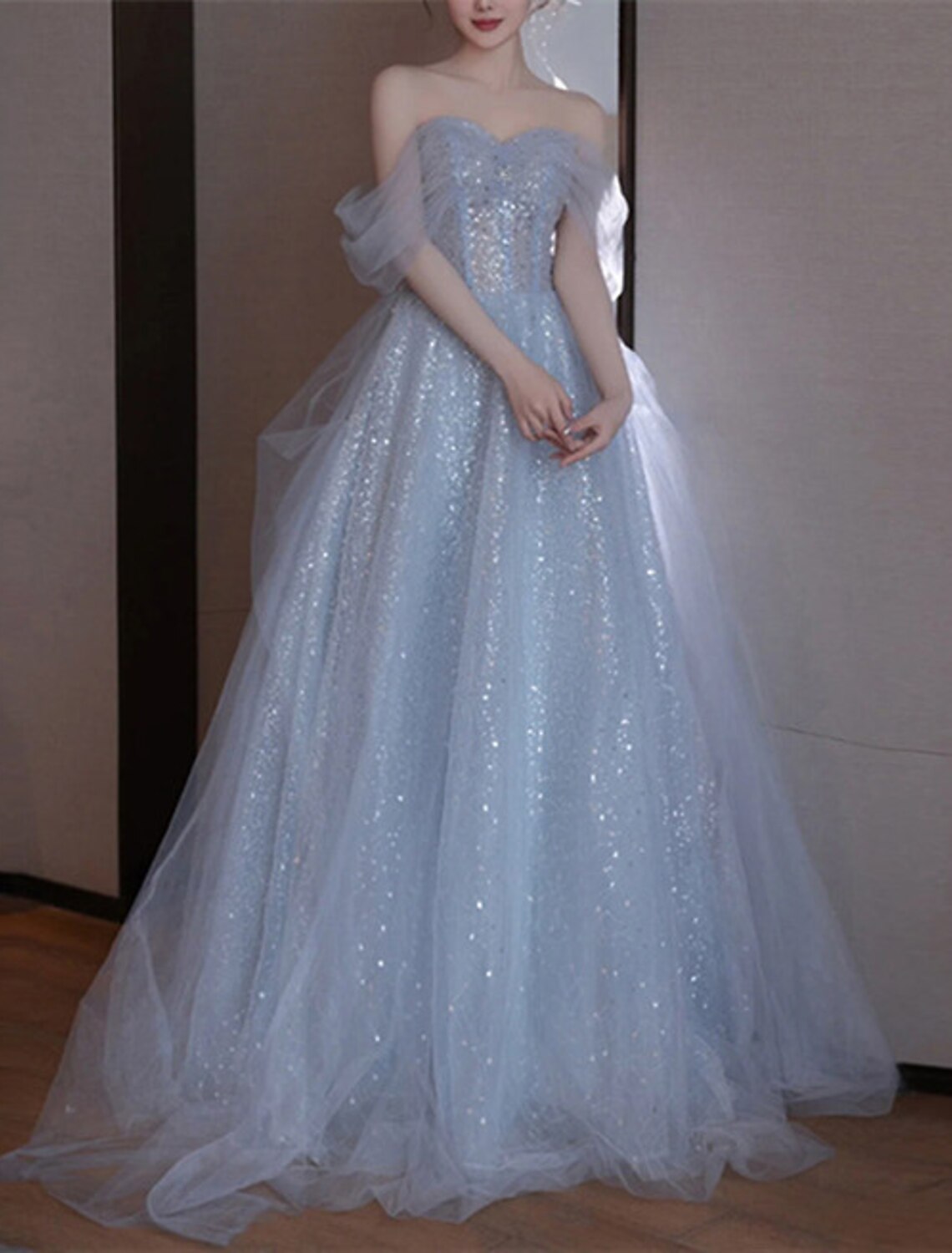 Wholesa  A-Line Party Dresses Sparkle & Shine Dress Wedding Guest Prom Floor Length Sleeveless Off Shoulder Sequined with Sequin