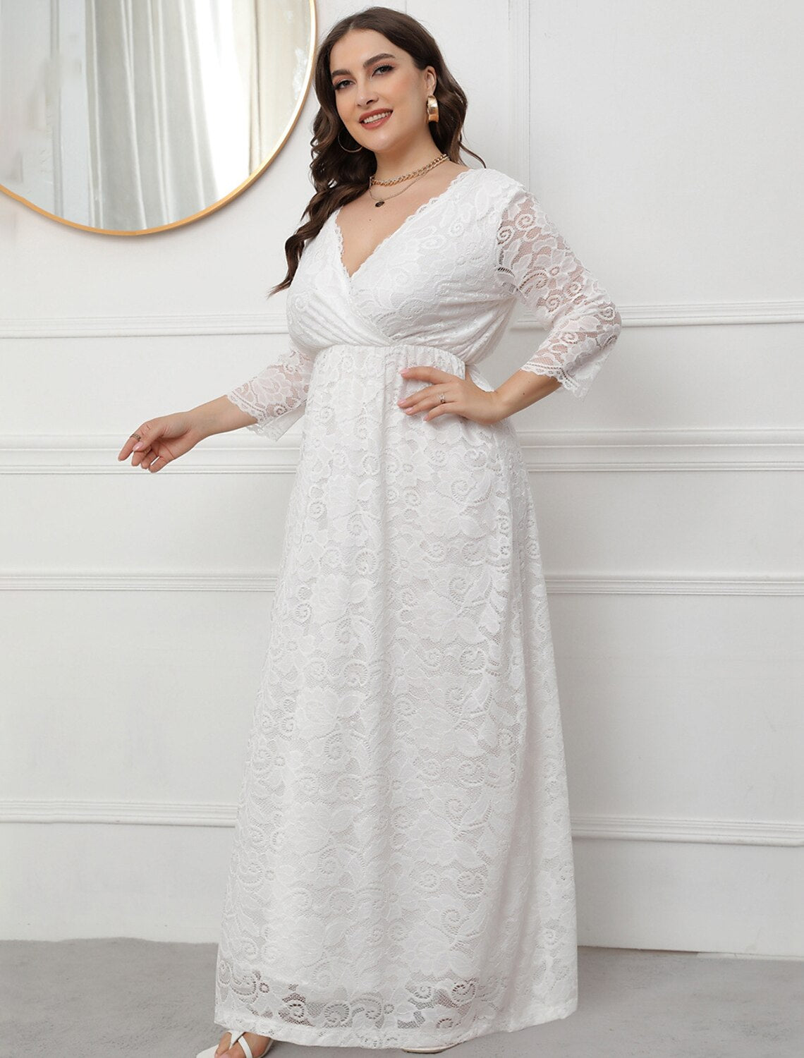 Wholesa A-Line Evening Gown Vintage Dress Party Wear Formal Evening Floor Length 3/4 Length Sleeve V Neck Lace with Sleek Lace Insert