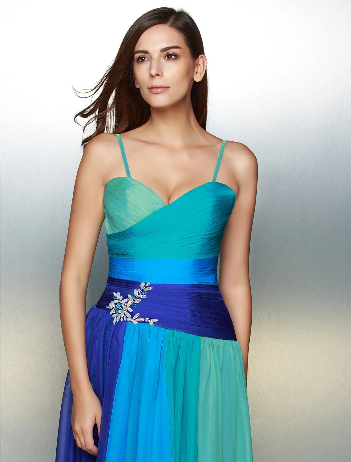 wholesa A-Line Color Block Dress Wedding Guest Prom Floor Length Sleeveless Sweetheart Chiffon Backless with Ruched Crystals