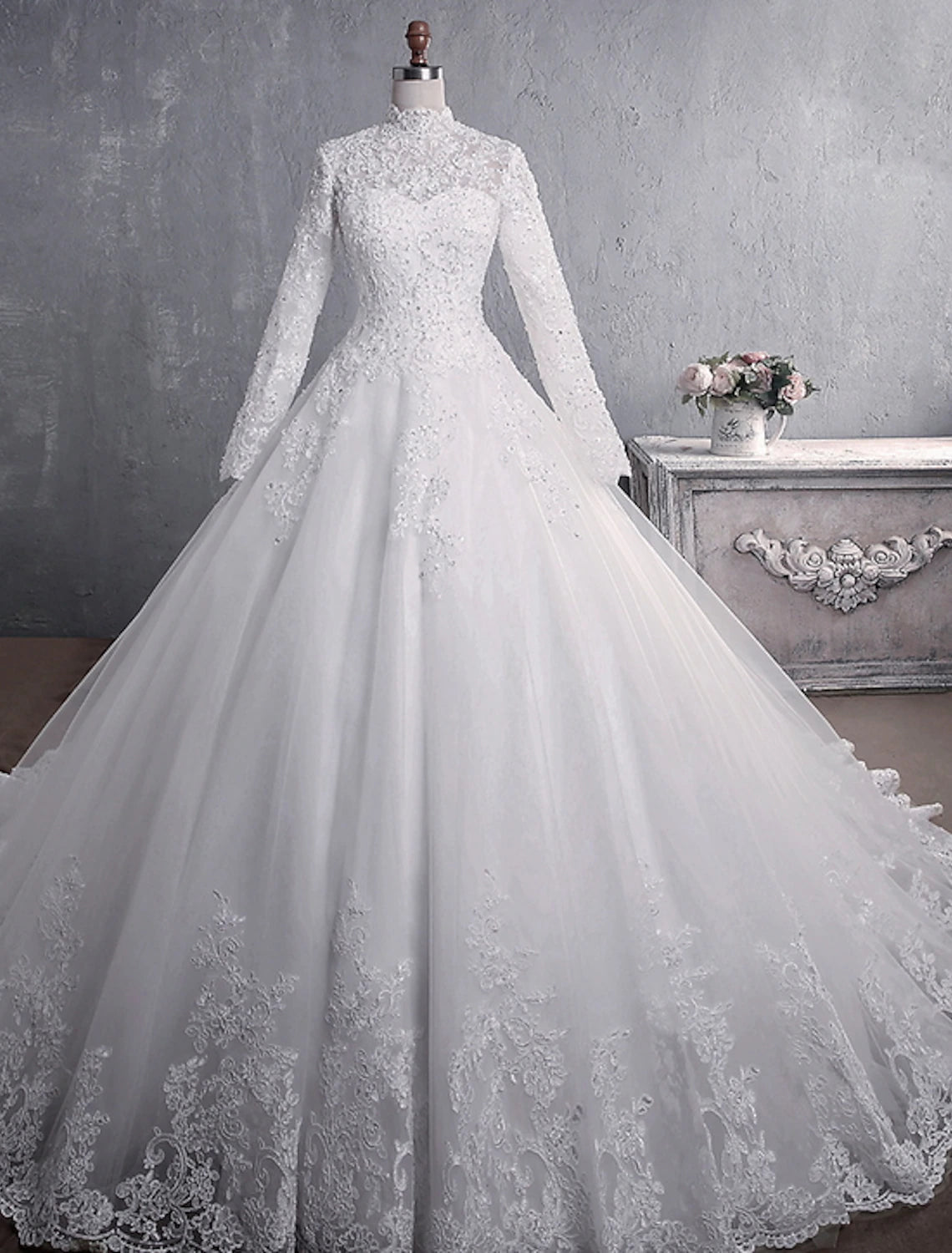 wholesale  Engagement Formal Wedding Dresses Ball Gown High Neck Long Sleeve Court Train Lace Bridal Gowns With Appliques