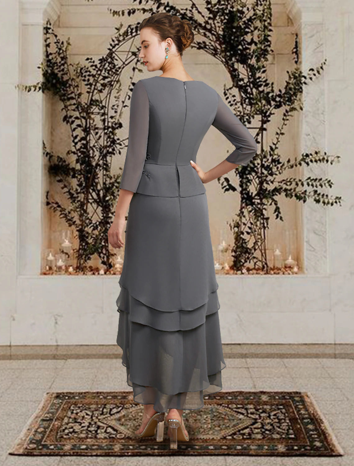 wholesale  A-Line Mother of the Bride Dress Plus Size Elegant High Low V Neck Asymmetrical Tea Length Chiffon 3/4 Length Sleeve with Appliques Cascading Ruffles Side-Draped