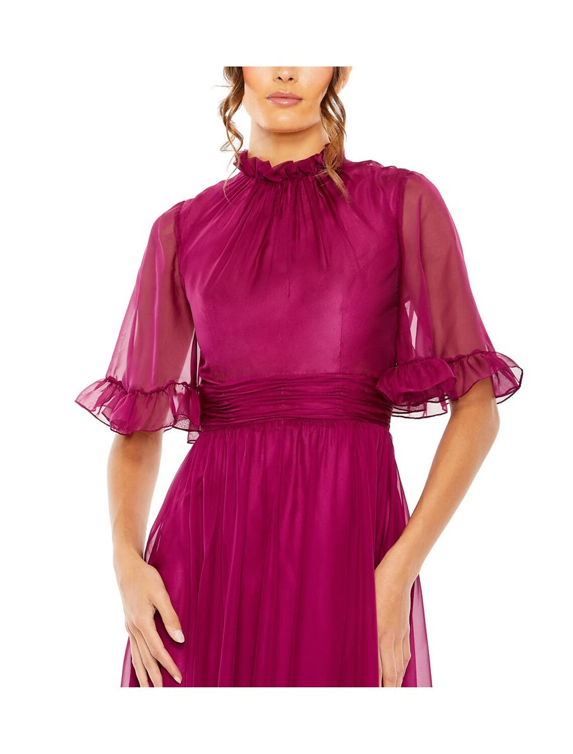 Wholesa A-Line Evening Gown Elegant Dress Wedding Guest Black Tie Floor Length Short Sleeve High Neck Chiffon with Ruched